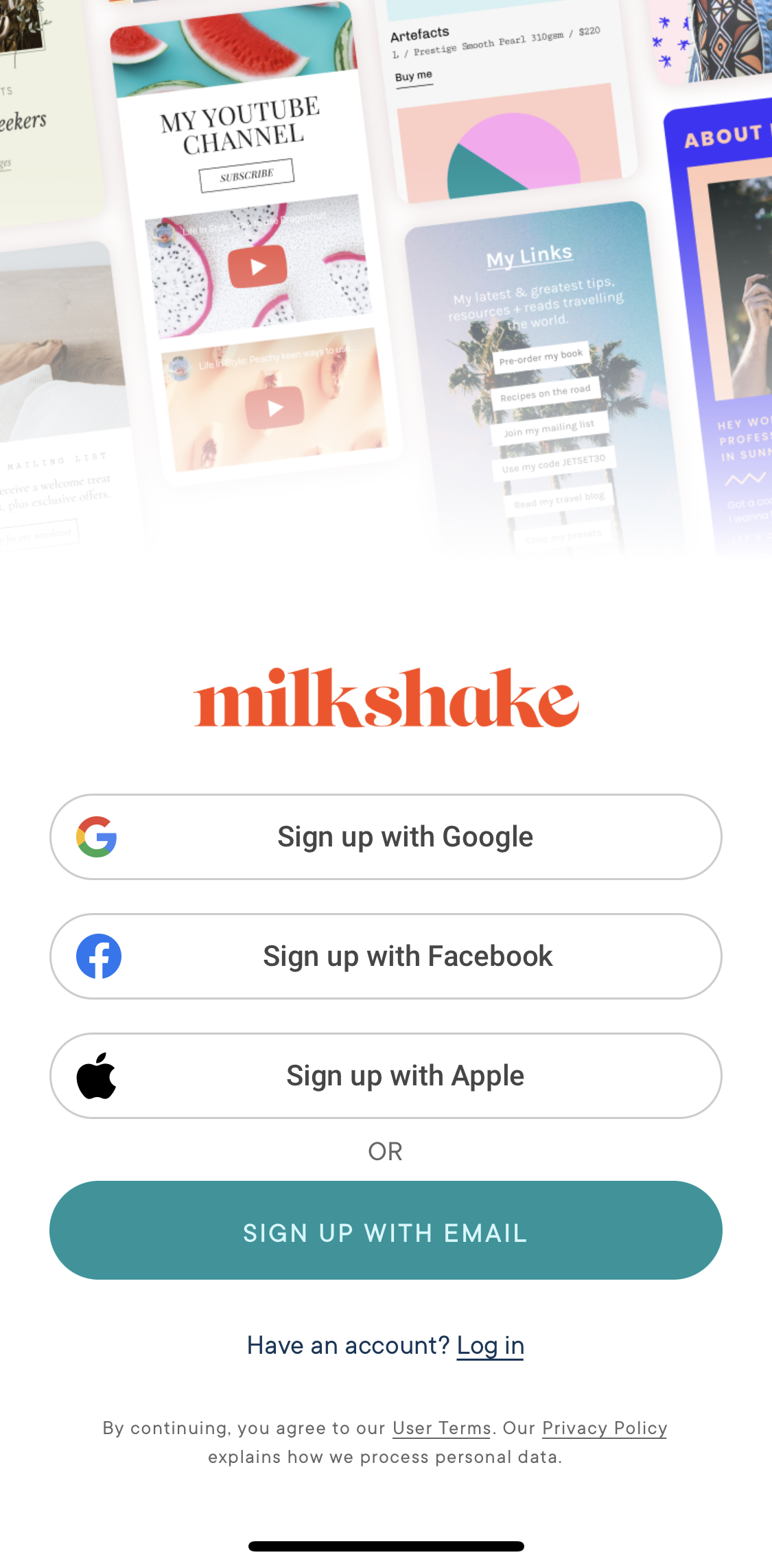 Milkshake Start screen screen in the General Browsing flow