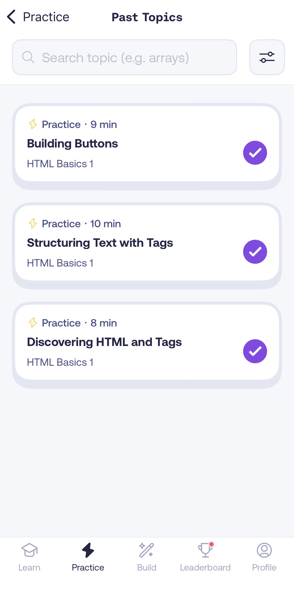Mimo Screen screen in the Searching topics flow
