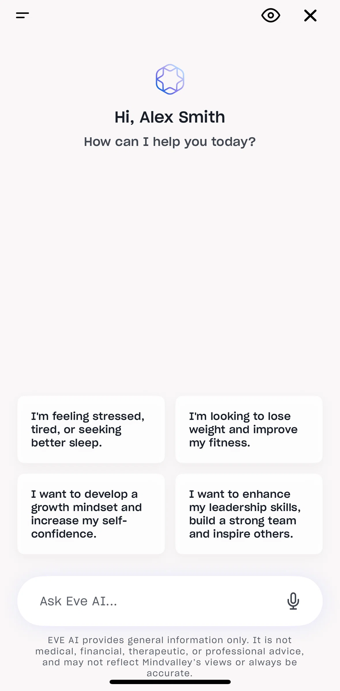 Mindvalley Screen screen in the Asking Eve AI flow