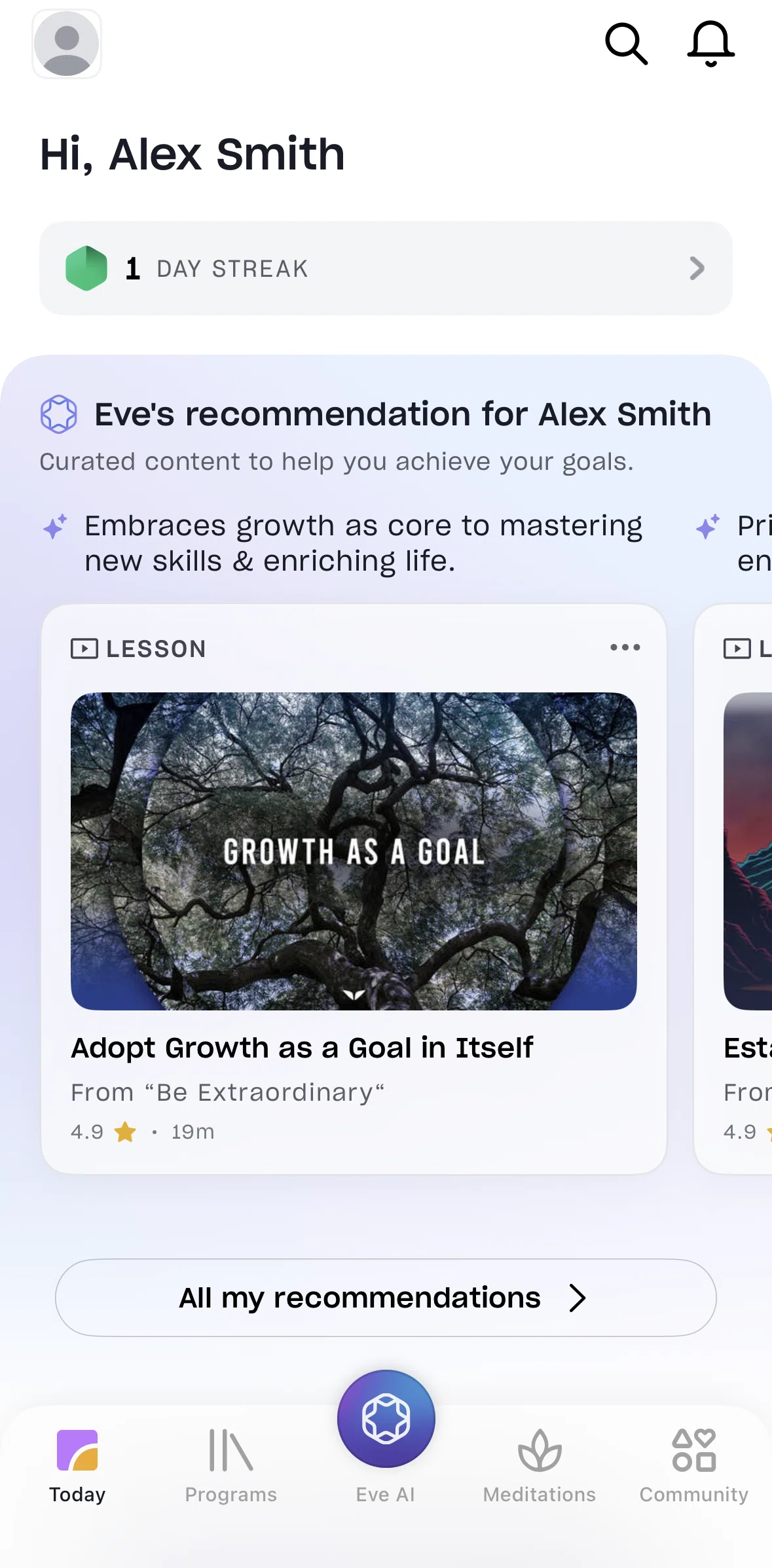 Mindvalley Screen screen in the Eve's recommendation flow