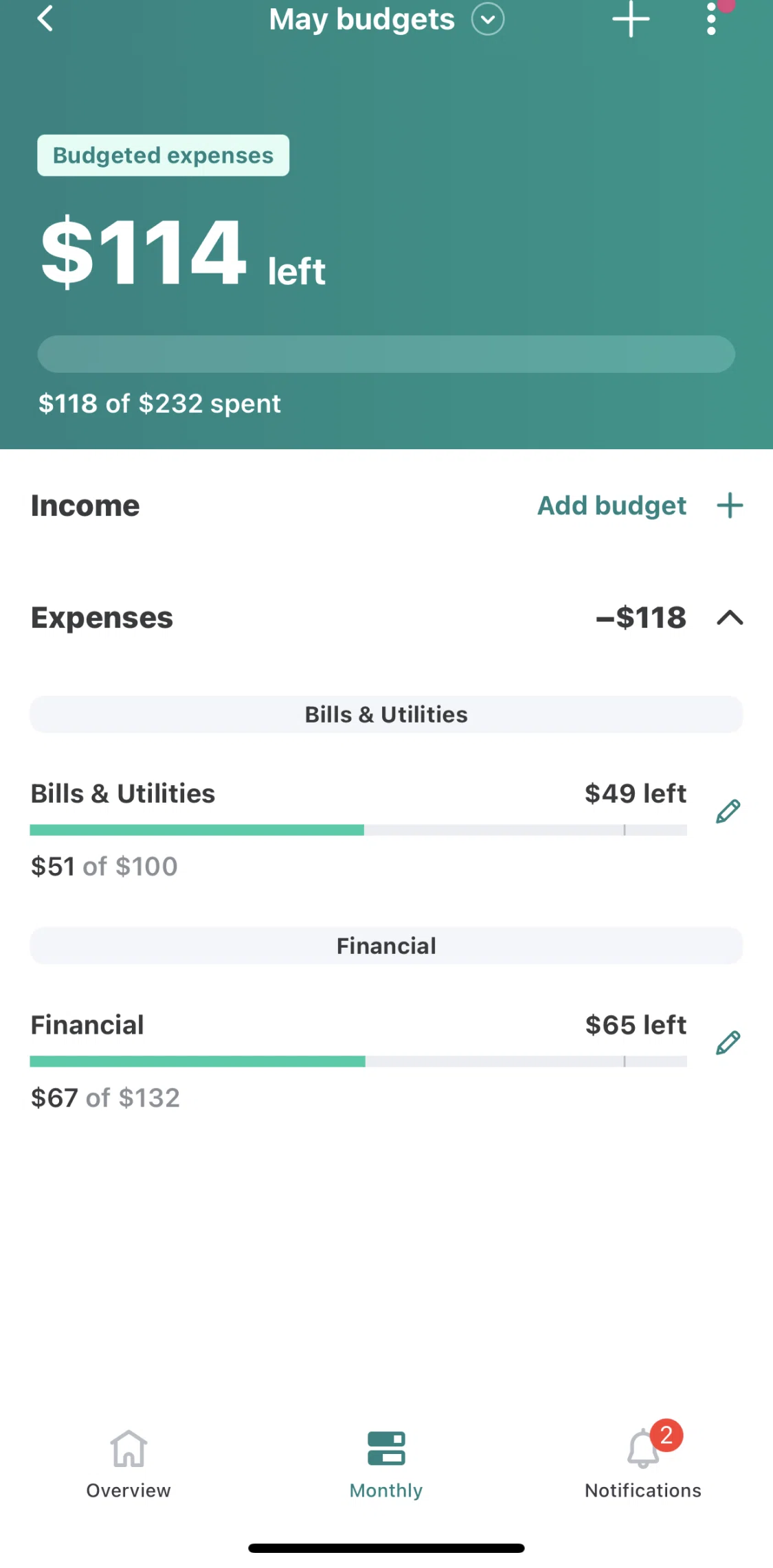 Mint Screen screen in the Adding expenses budget flow