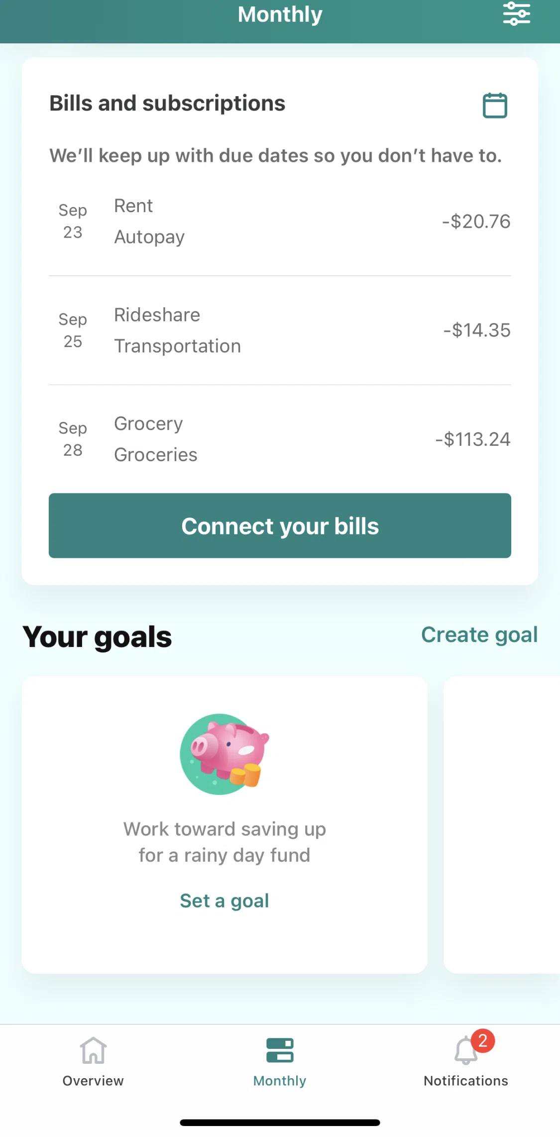 Mint Screen screen in the Connecting bills flow