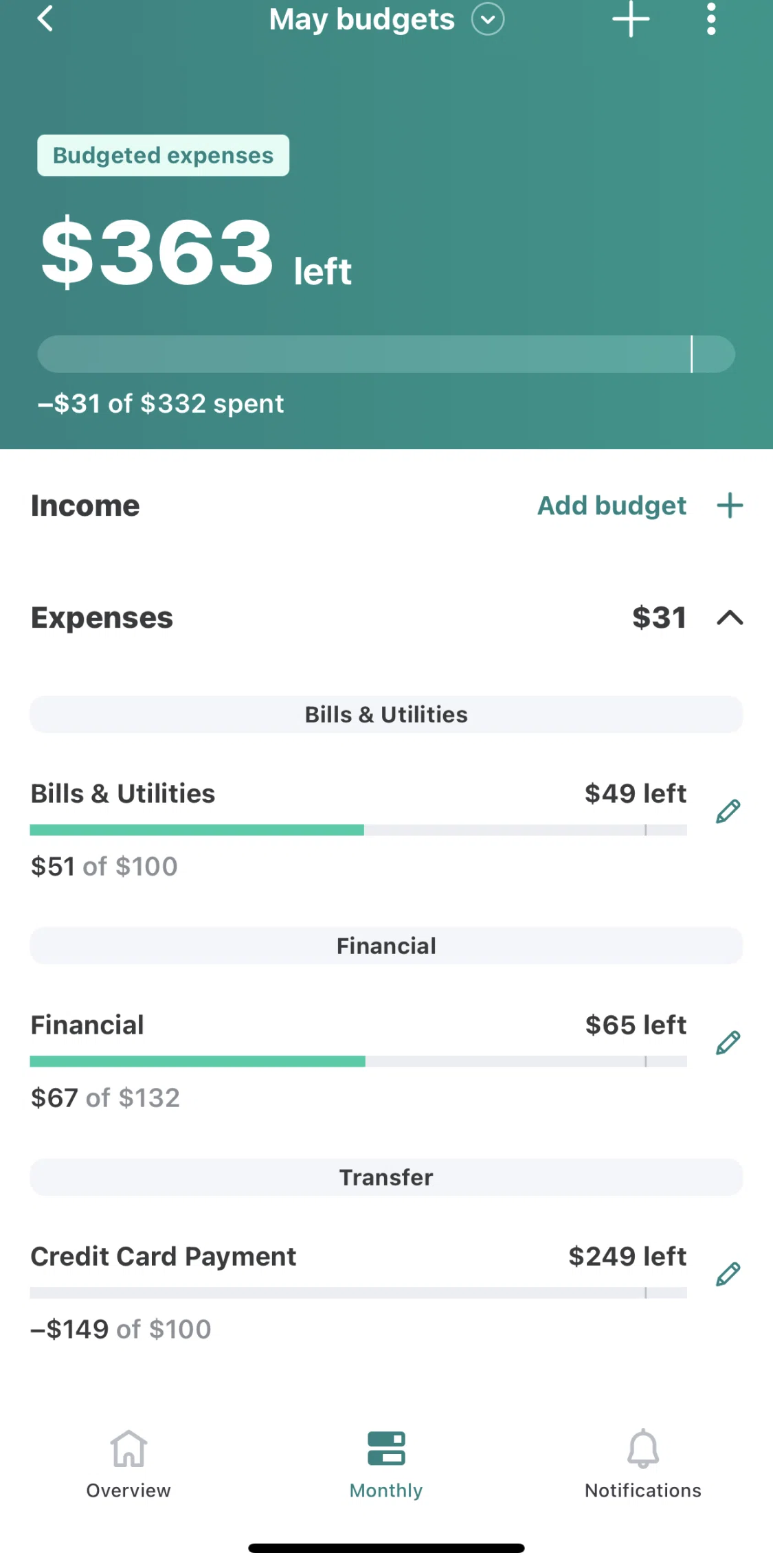 Mint Screen screen in the Editing expenses budget flow