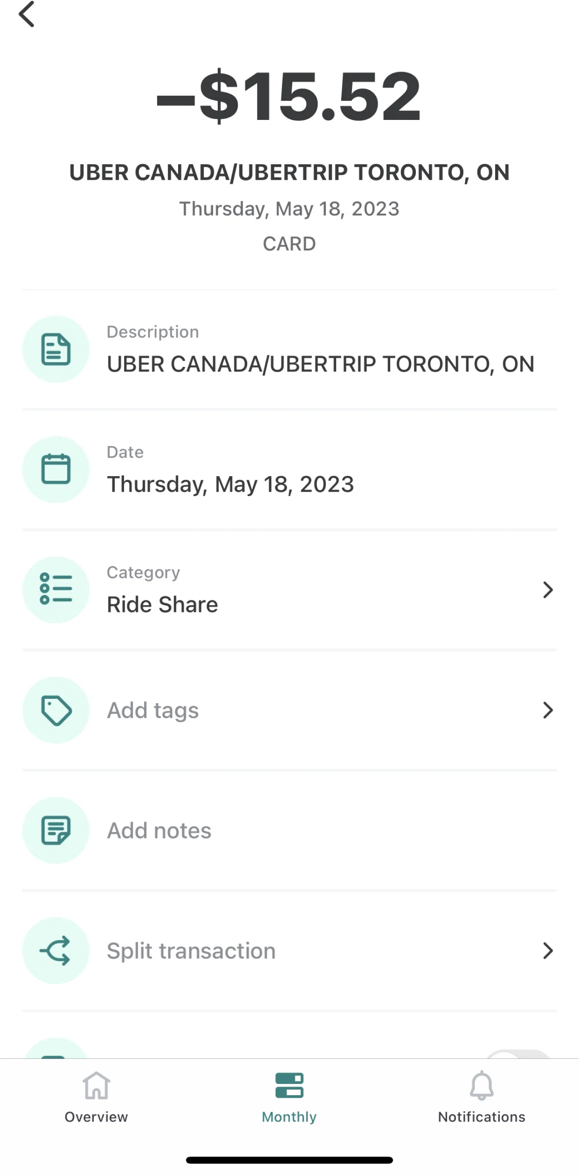 Mint Screen screen in the Editing transaction detail flow