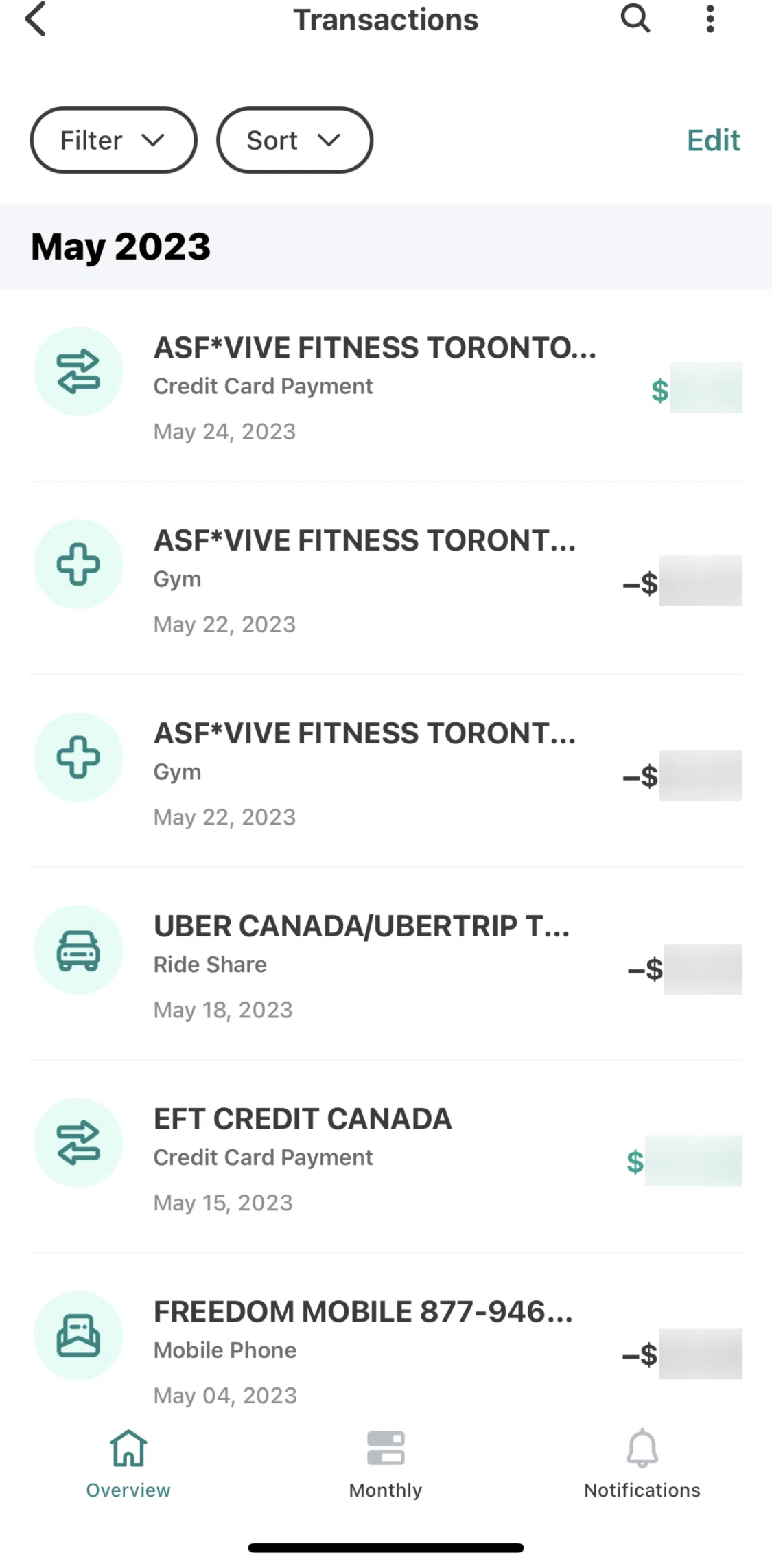 Mint Screen screen in the Filtering transctions flow