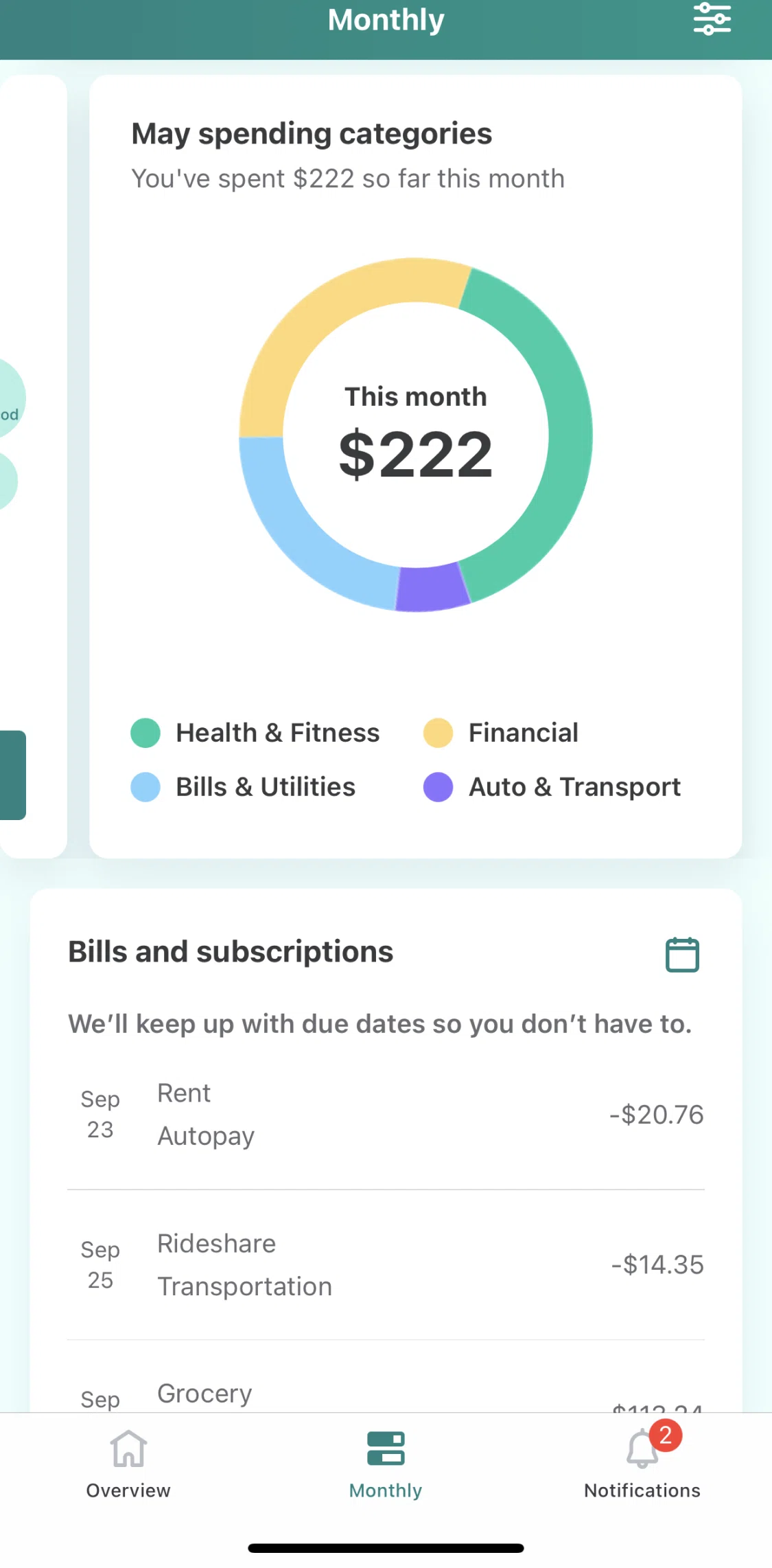 Mint Screen screen in the Monthly spending categories flow