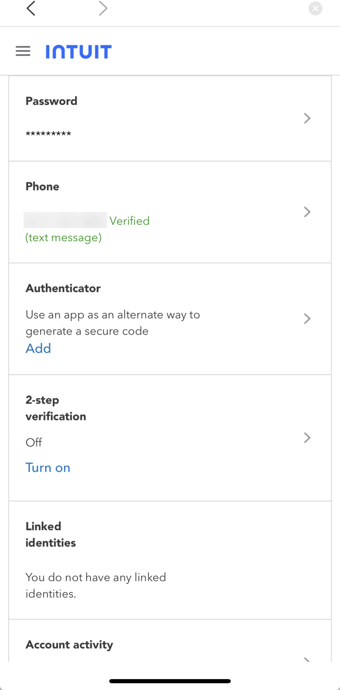 Mint Screen screen in the Setting up 2-step verification flow
