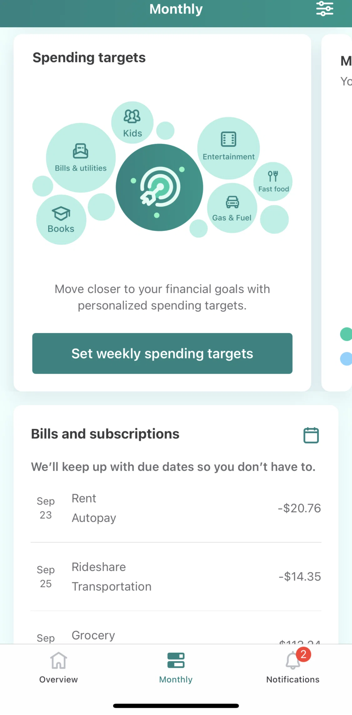 Mint Screen screen in the Setting weekly spending target flow