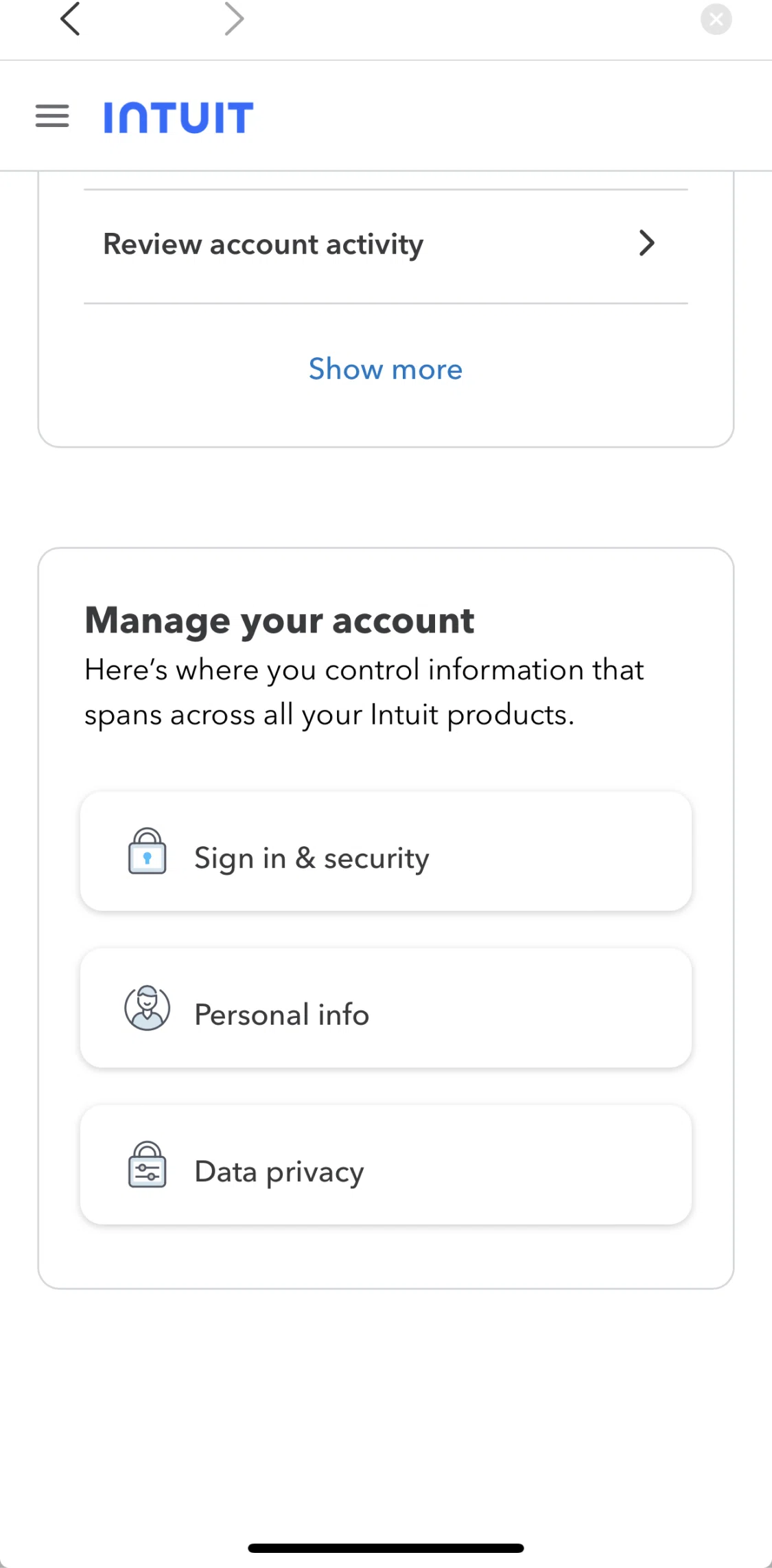 Mint Screen screen in the Sign in and security settings flow
