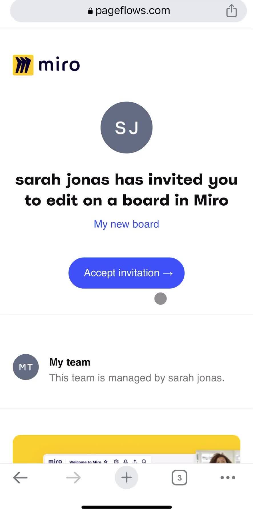 Miro Invite email screen in the Accepting An Invite flow