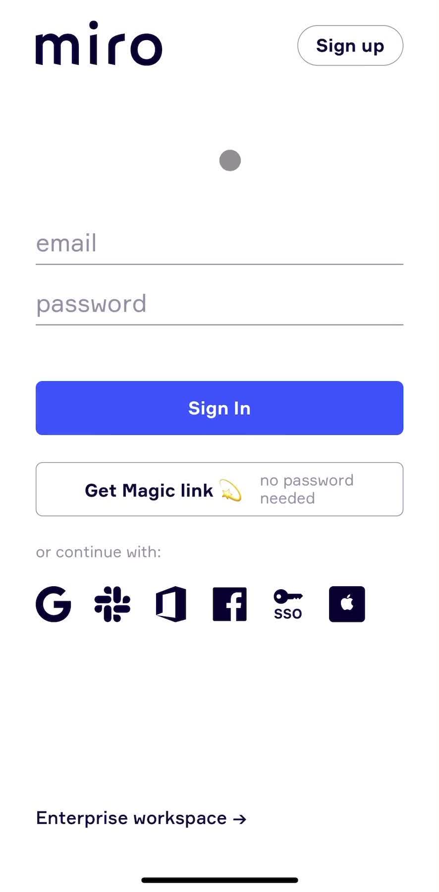Miro Sign in screen in the Onboarding flow