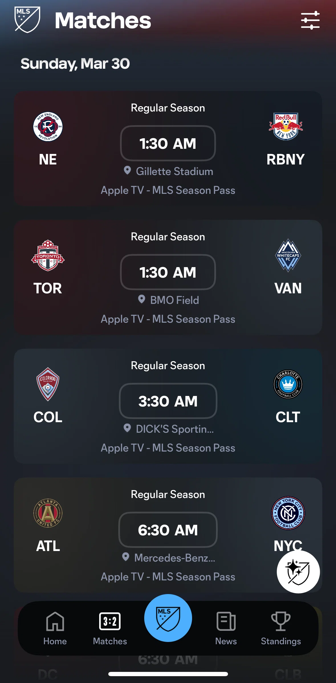 MLS Screen screen in the Filtering match by date flow
