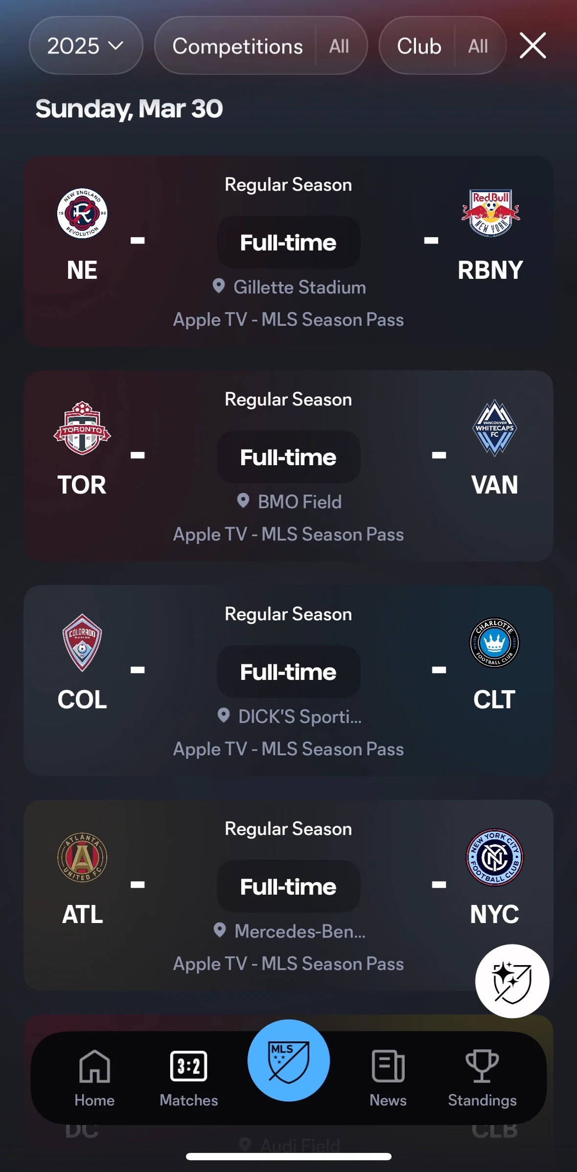 MLS Screen screen in the Filtering matches by competition flow