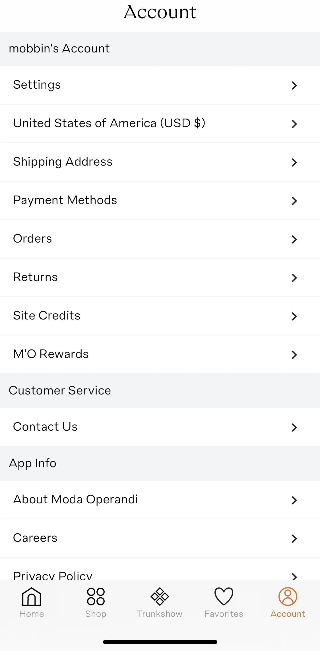 Moda Operandi Screen screen in the Account flow