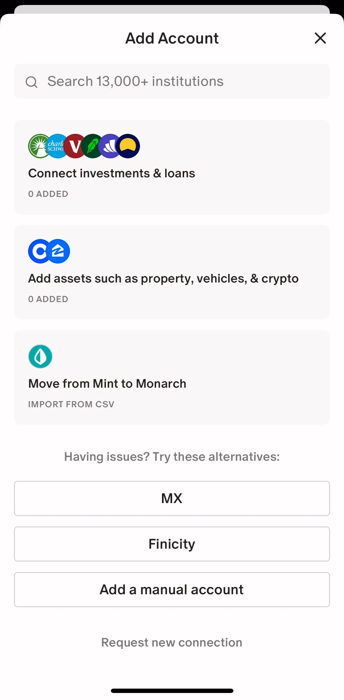 Monarch Screen screen in the Adding a manual account flow