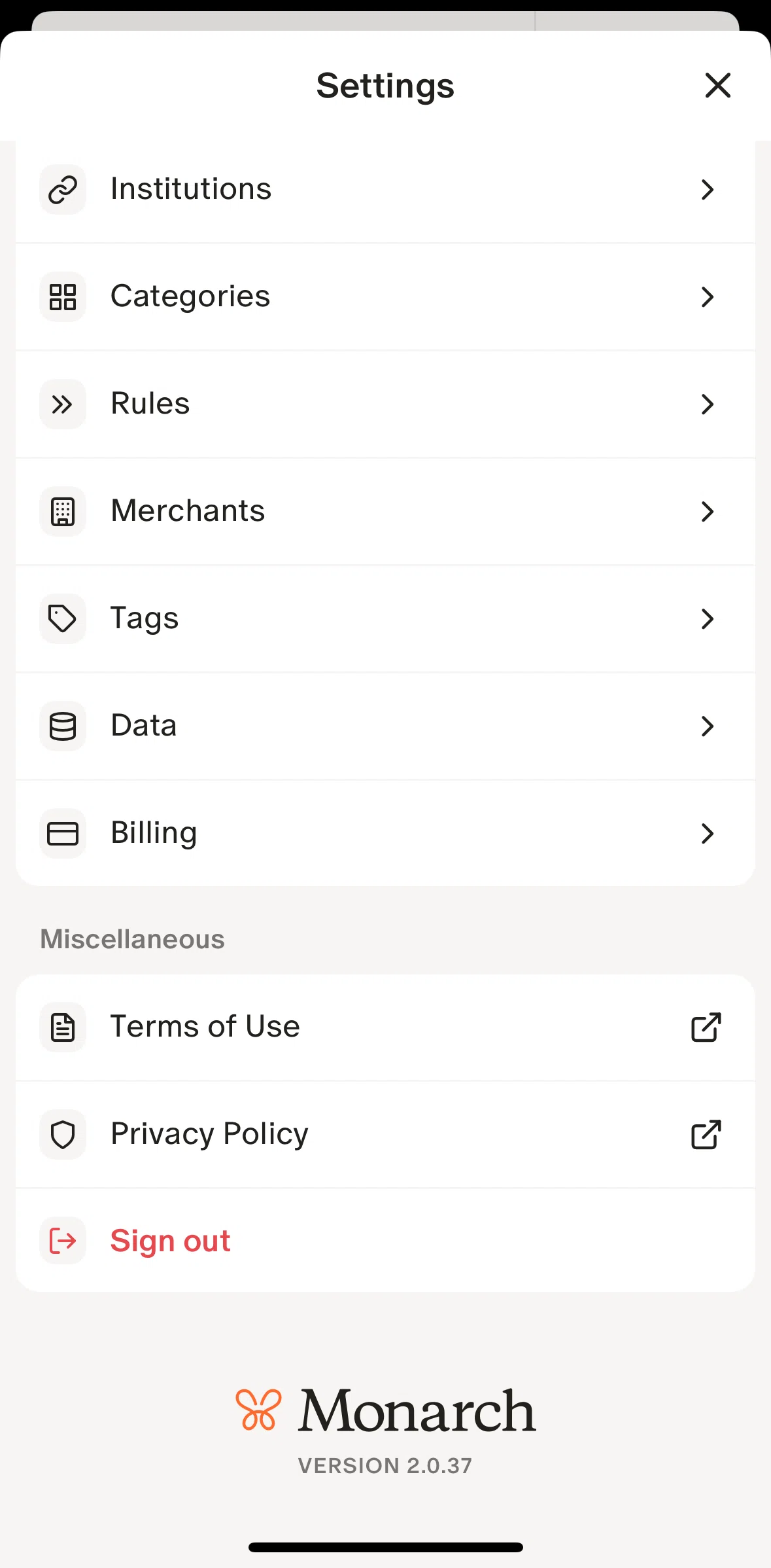 Monarch Screen screen in the Deleting an account flow