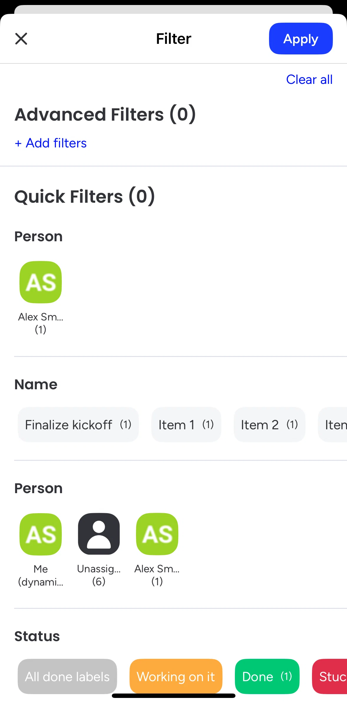 monday.com Screen screen in the Adding a filter flow