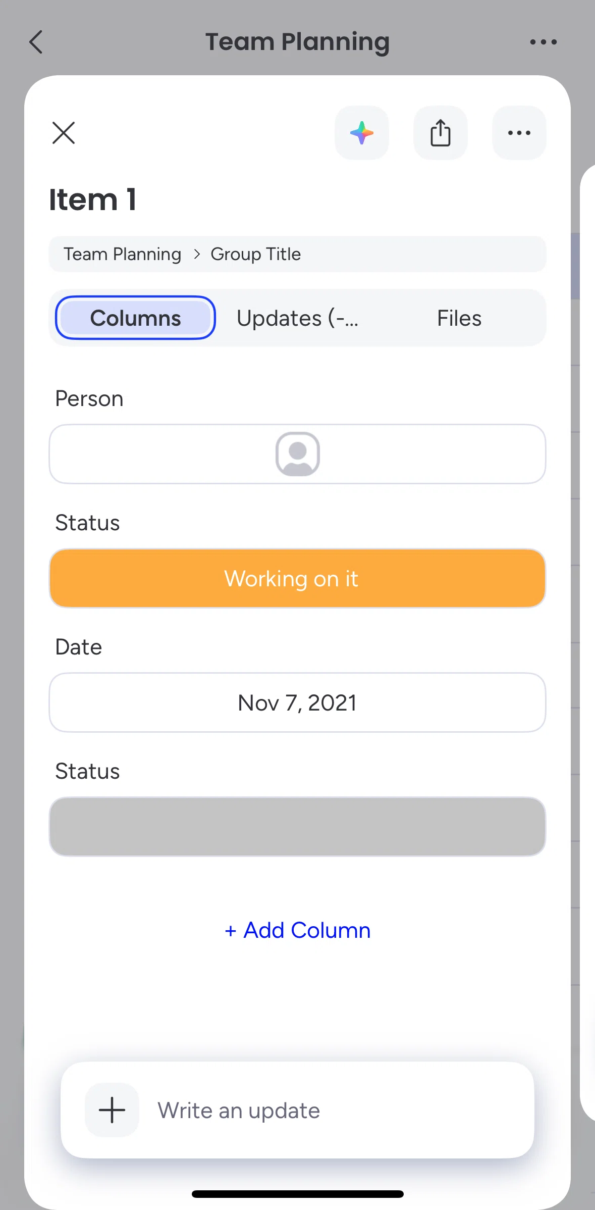 monday.com Screen screen in the Adding an update flow