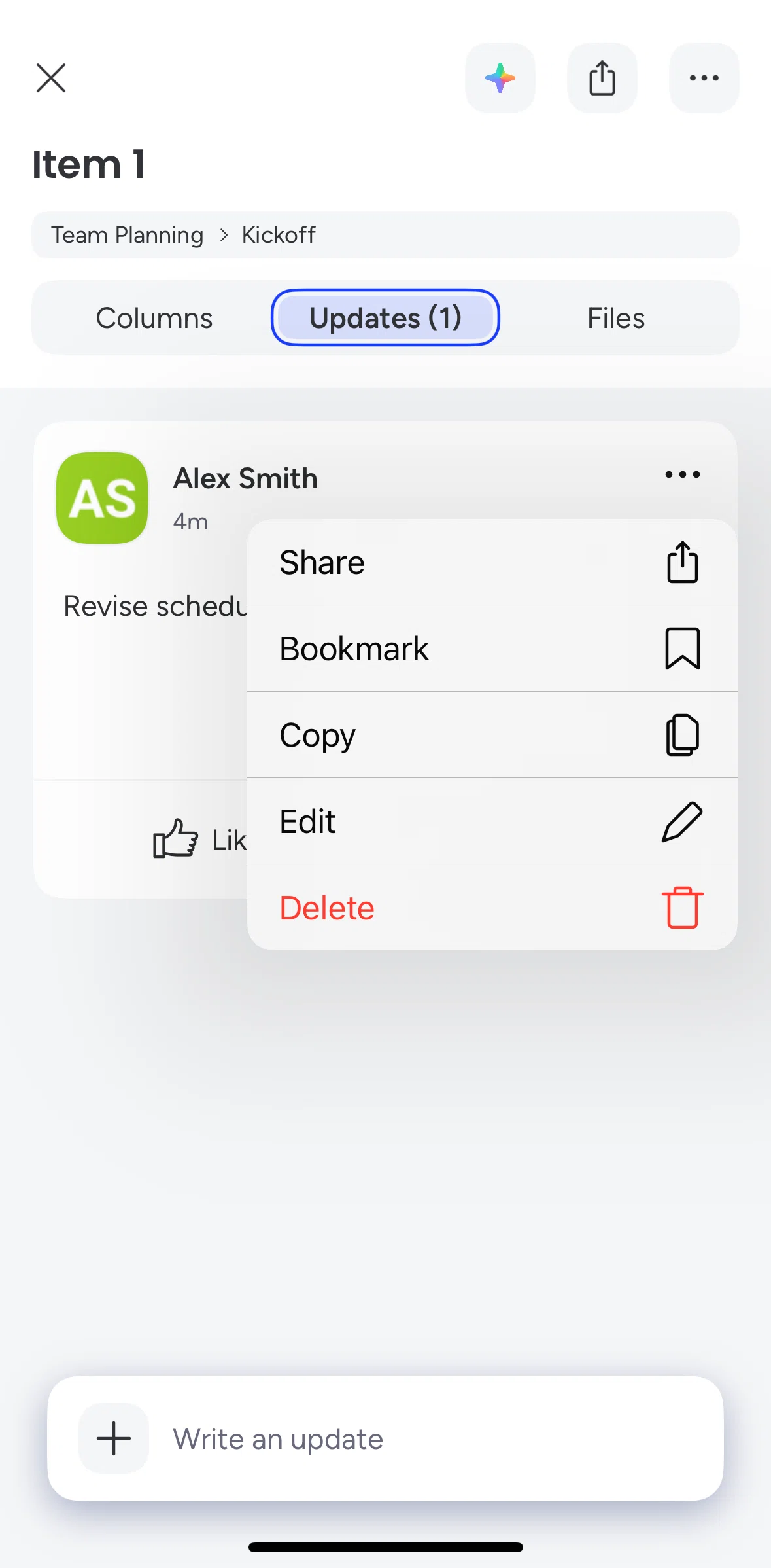 monday.com Screen screen in the Deleting an update flow