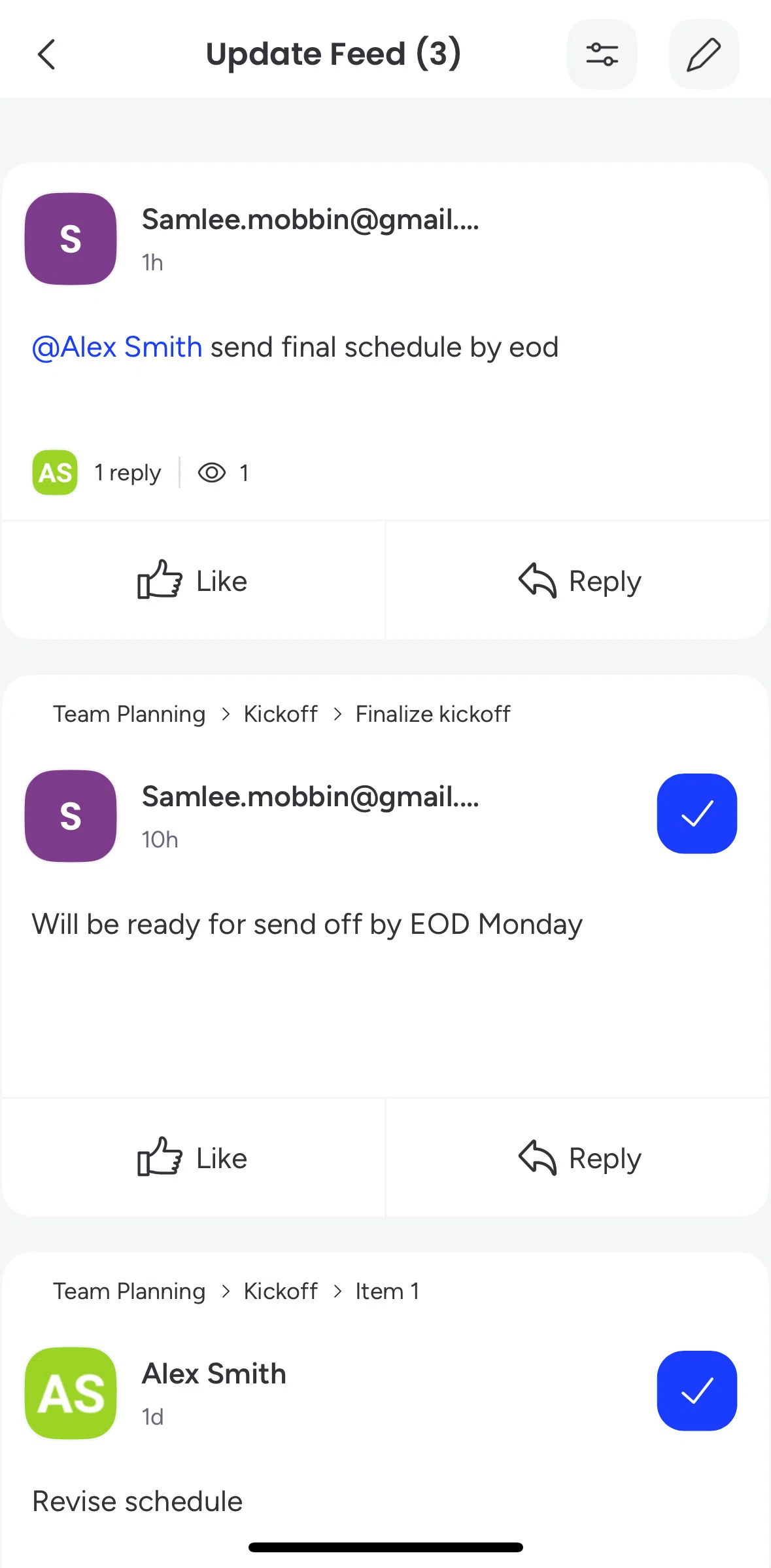 monday.com Screen screen in the Filtering updates flow
