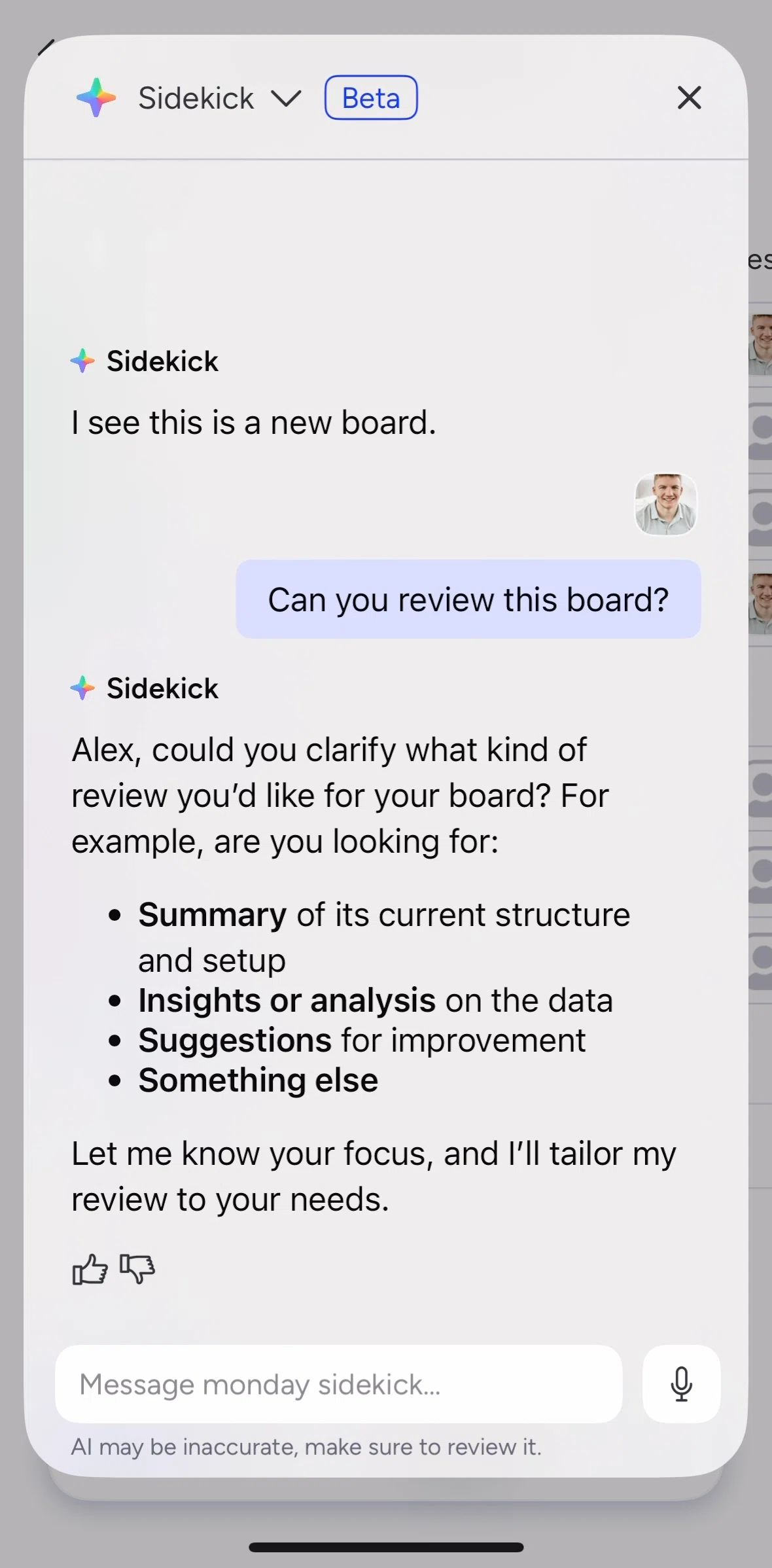 monday.com Screen screen in the Liking a response flow