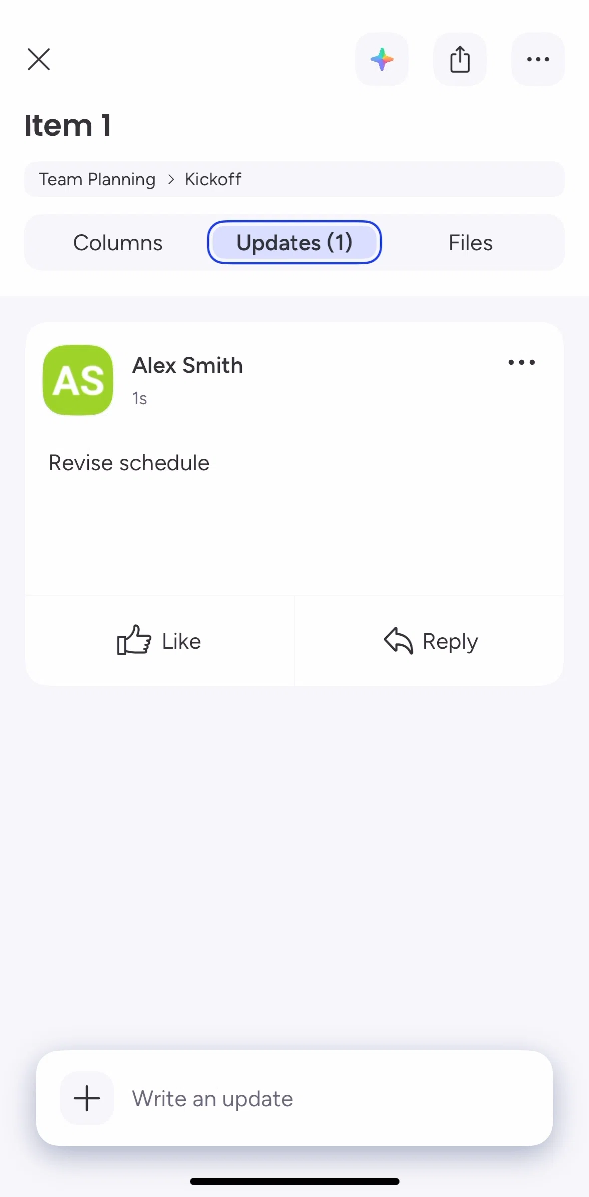 monday.com Screen screen in the Liking an update flow