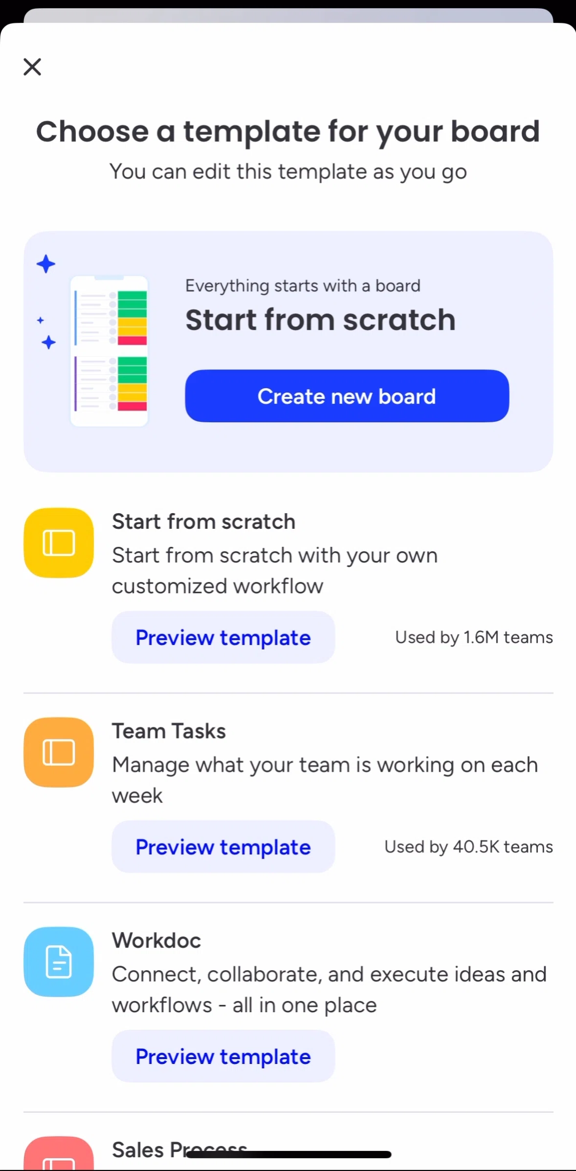 monday.com Screen screen in the Preview template flow
