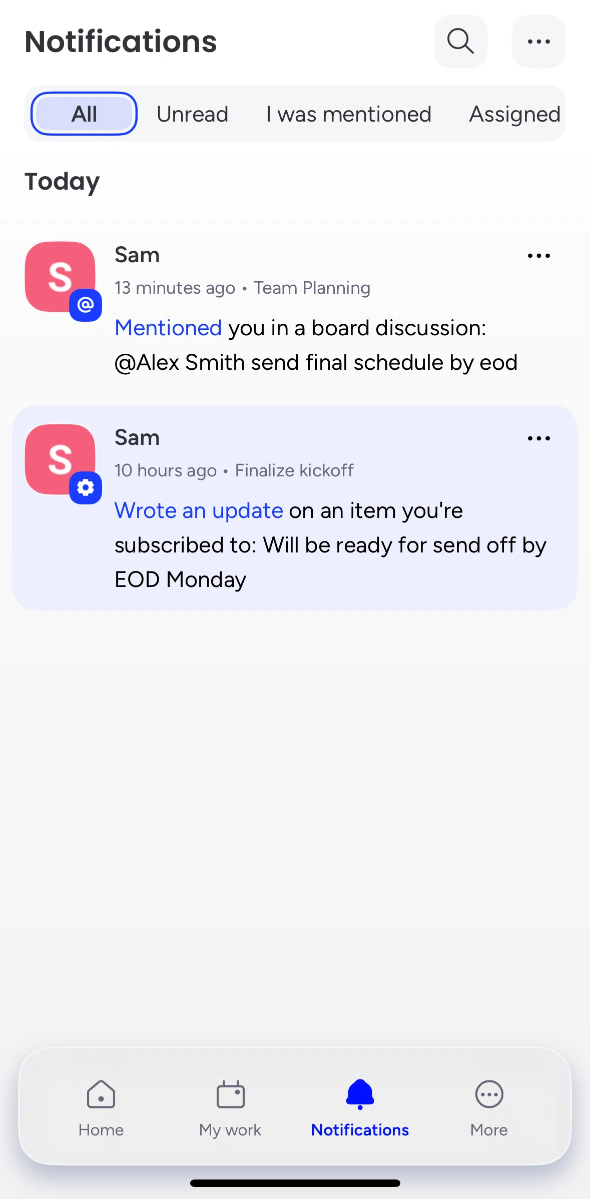 monday.com Screen screen in the Searching notifications flow