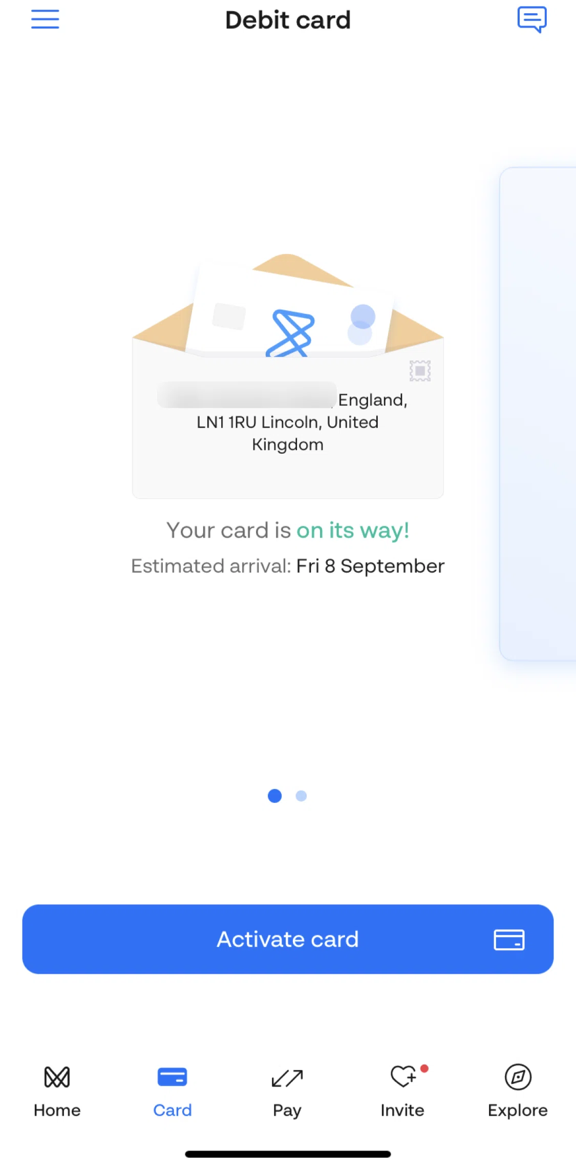 Monese Screen screen in the Activating a card flow