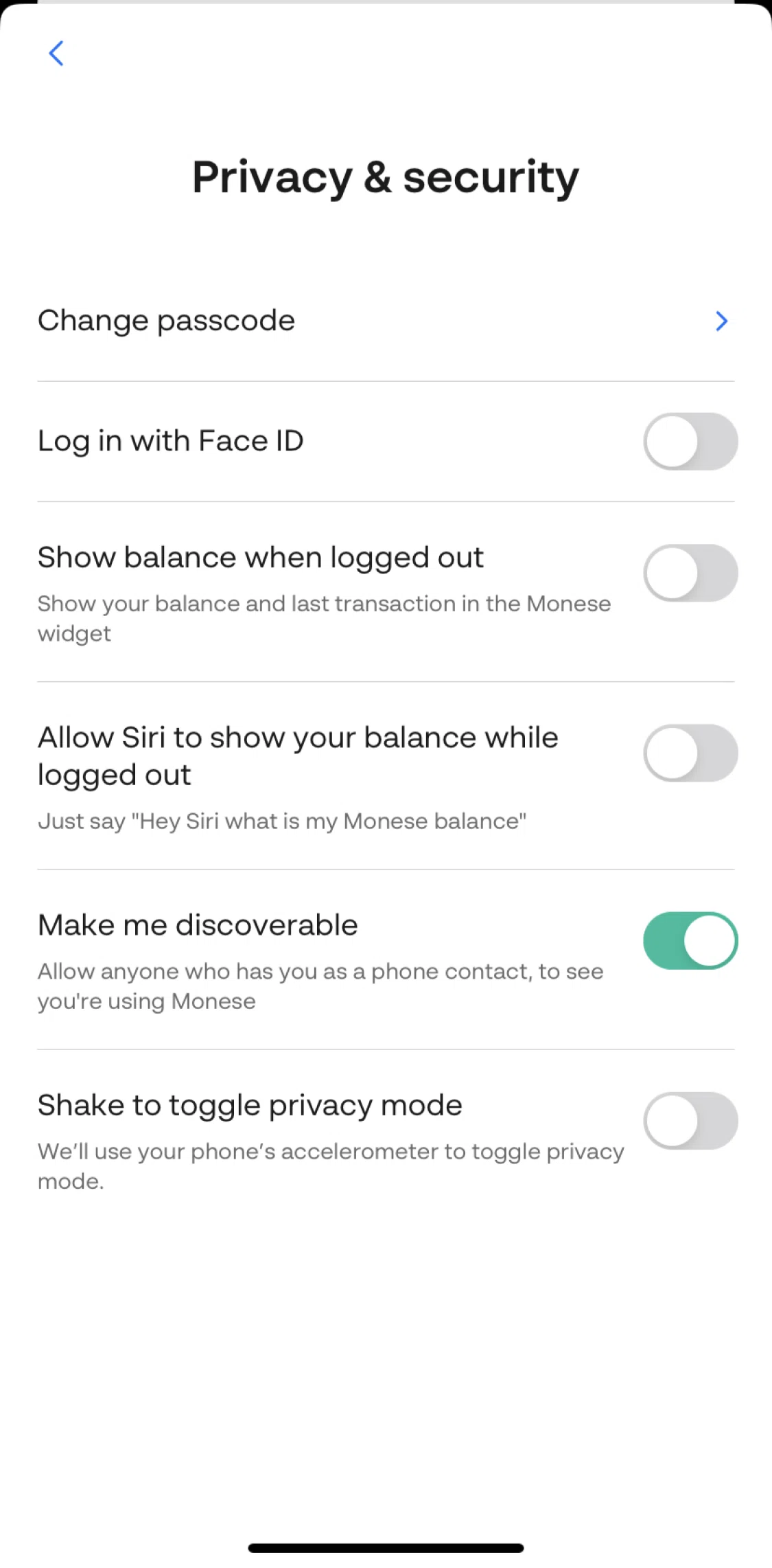 Monese Screen screen in the Changing passcode flow