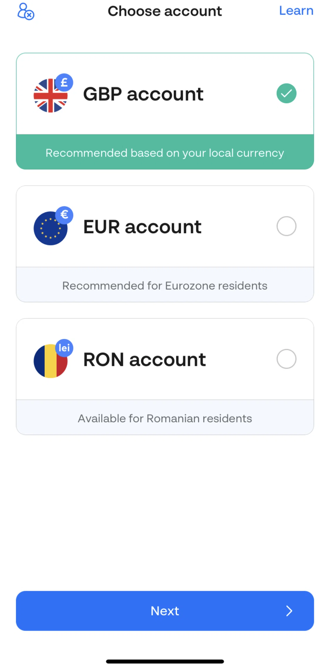 Monese Screen screen in the Choosing an account flow