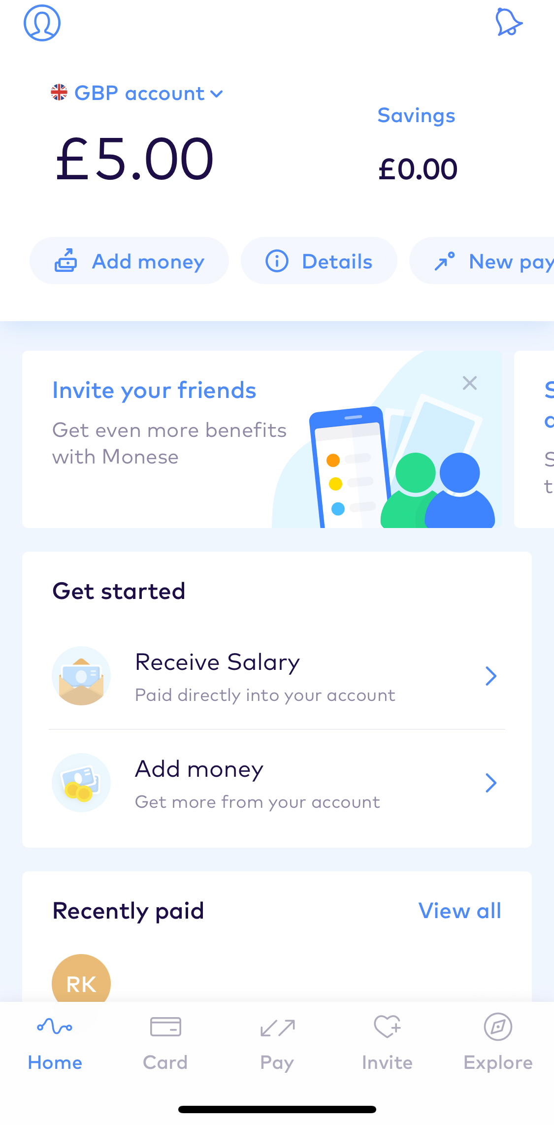 Monese Home screen in the Creating A Budget flow