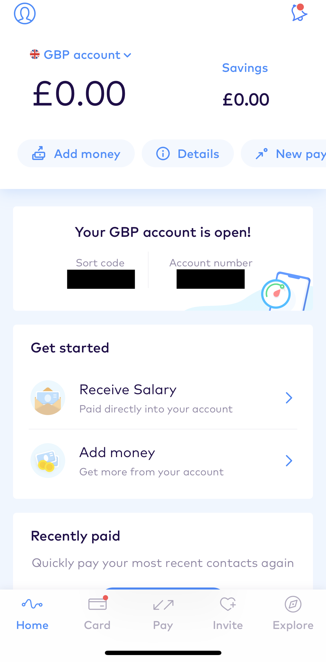 Monese Home screen in the Depositing Funds flow