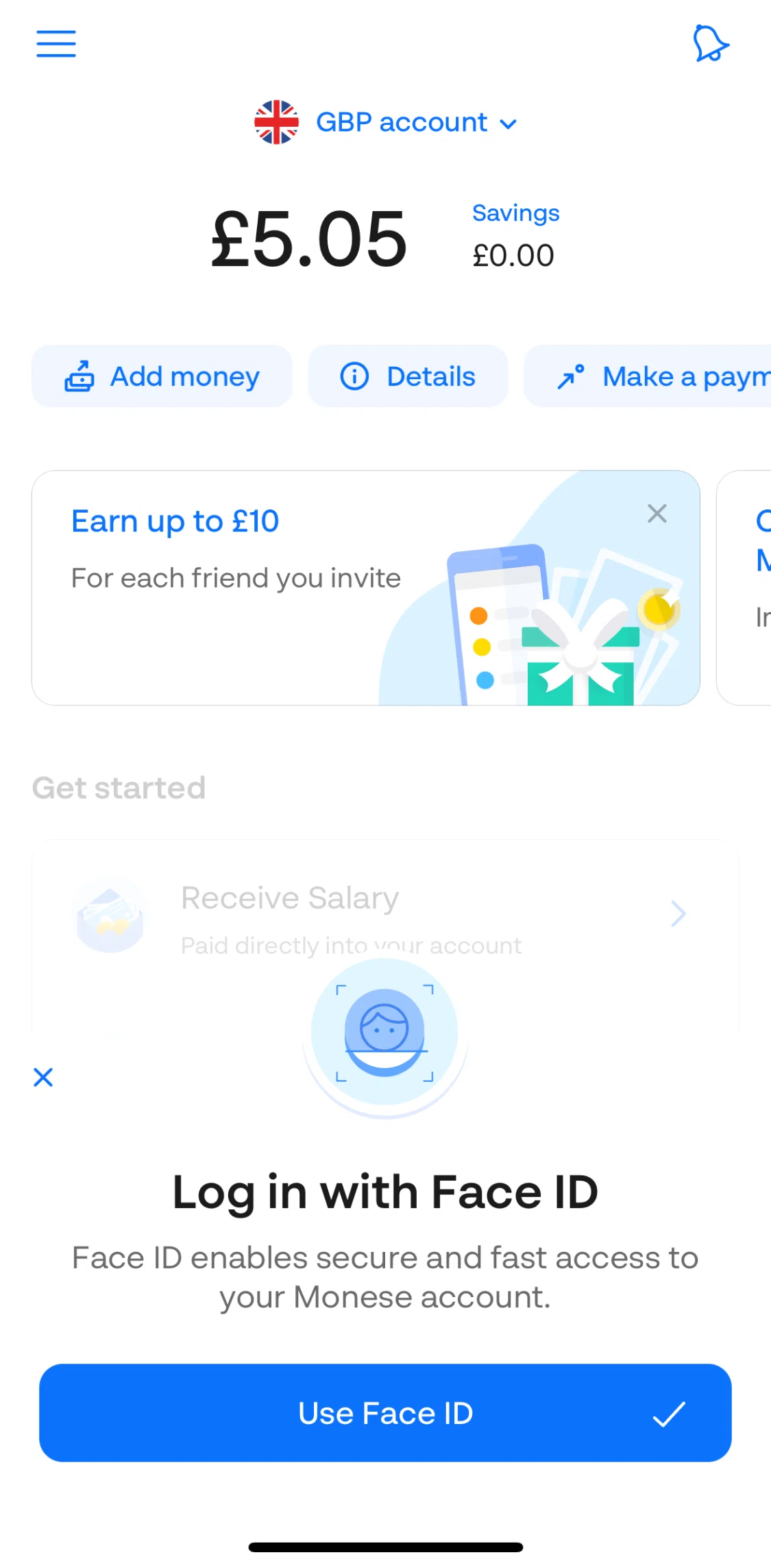 Monese Screen screen in the Enabling Face ID flow