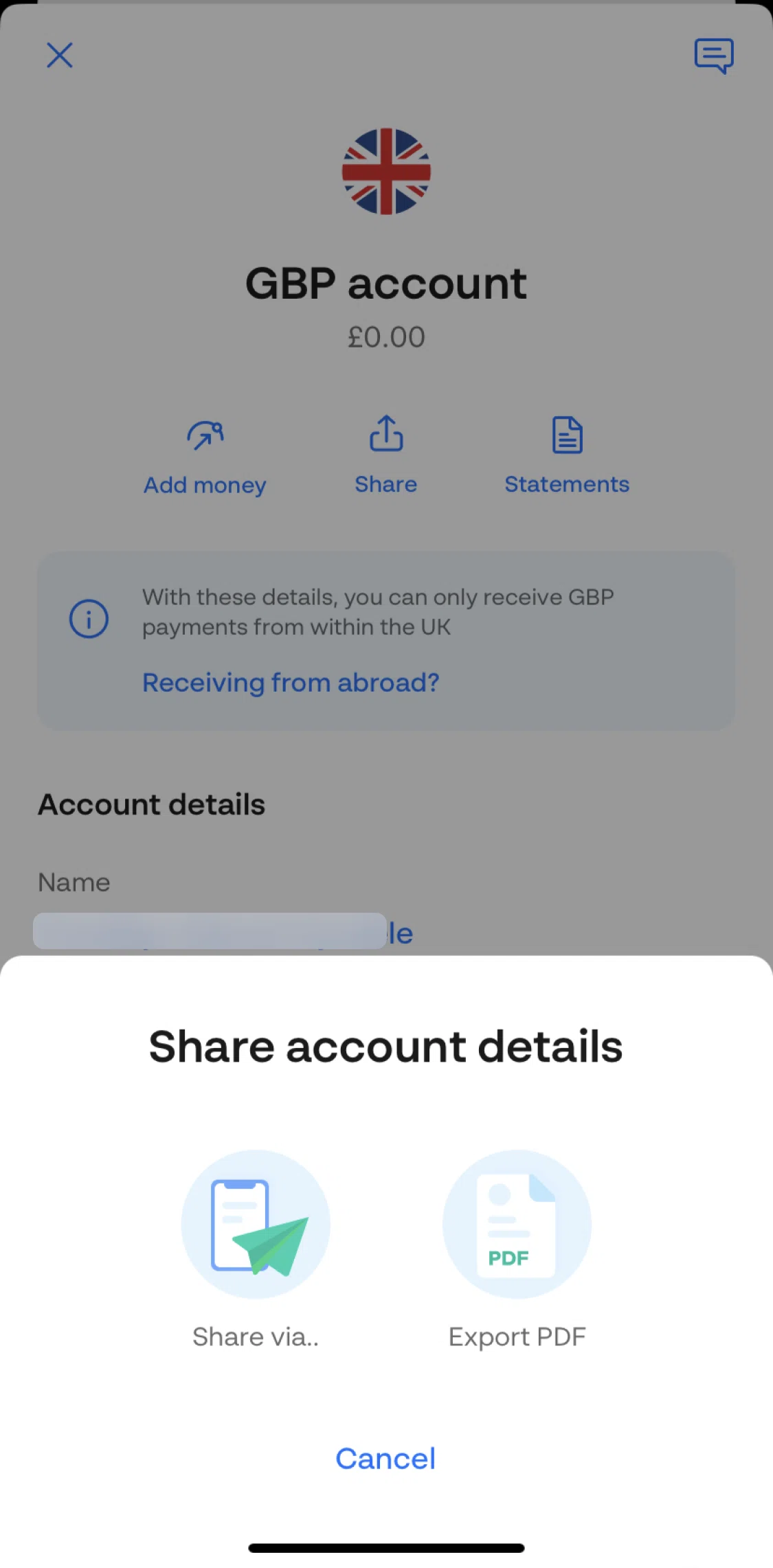 Monese Screen screen in the Exporting bank account details flow