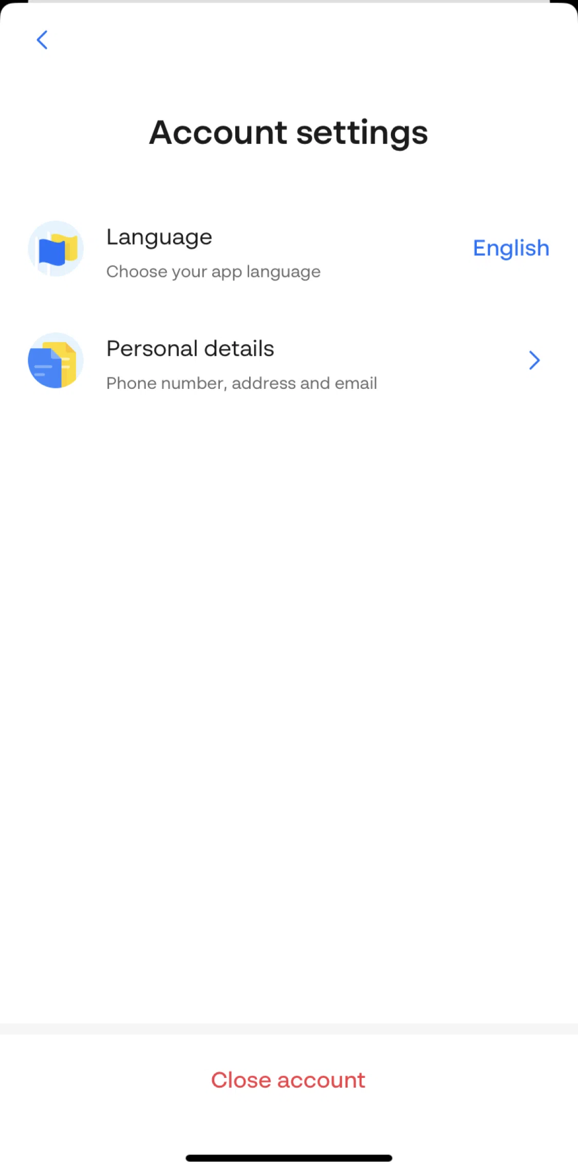 Monese Screen screen in the Language settings flow