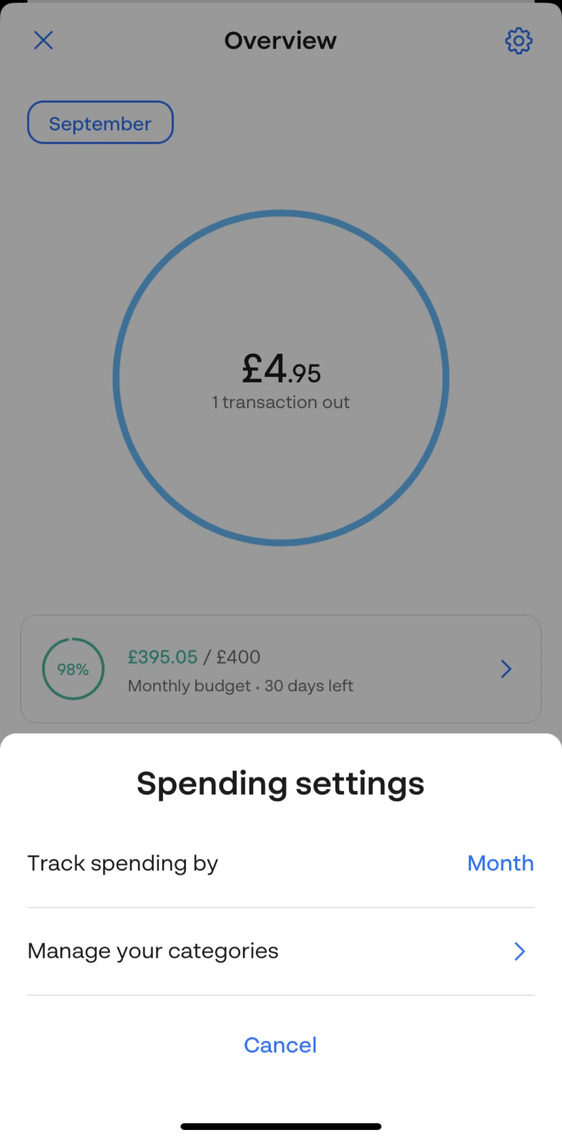 Monese Screen screen in the Manage categories flow