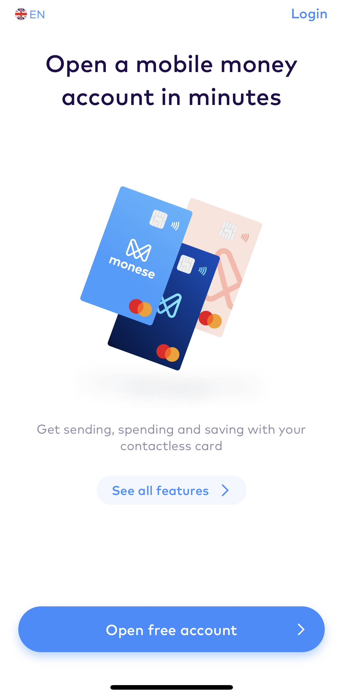Monese Start screen screen in the Onboarding flow