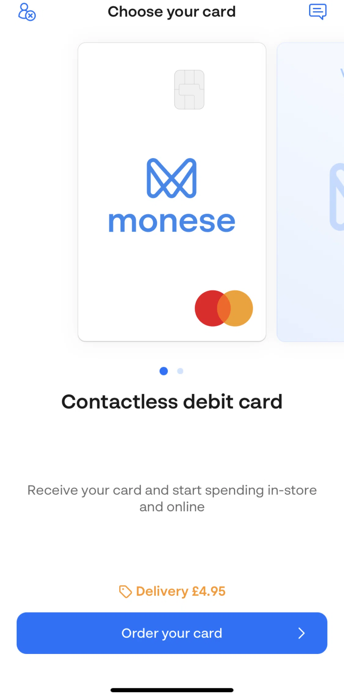 Monese Screen screen in the Ordering a physical card flow