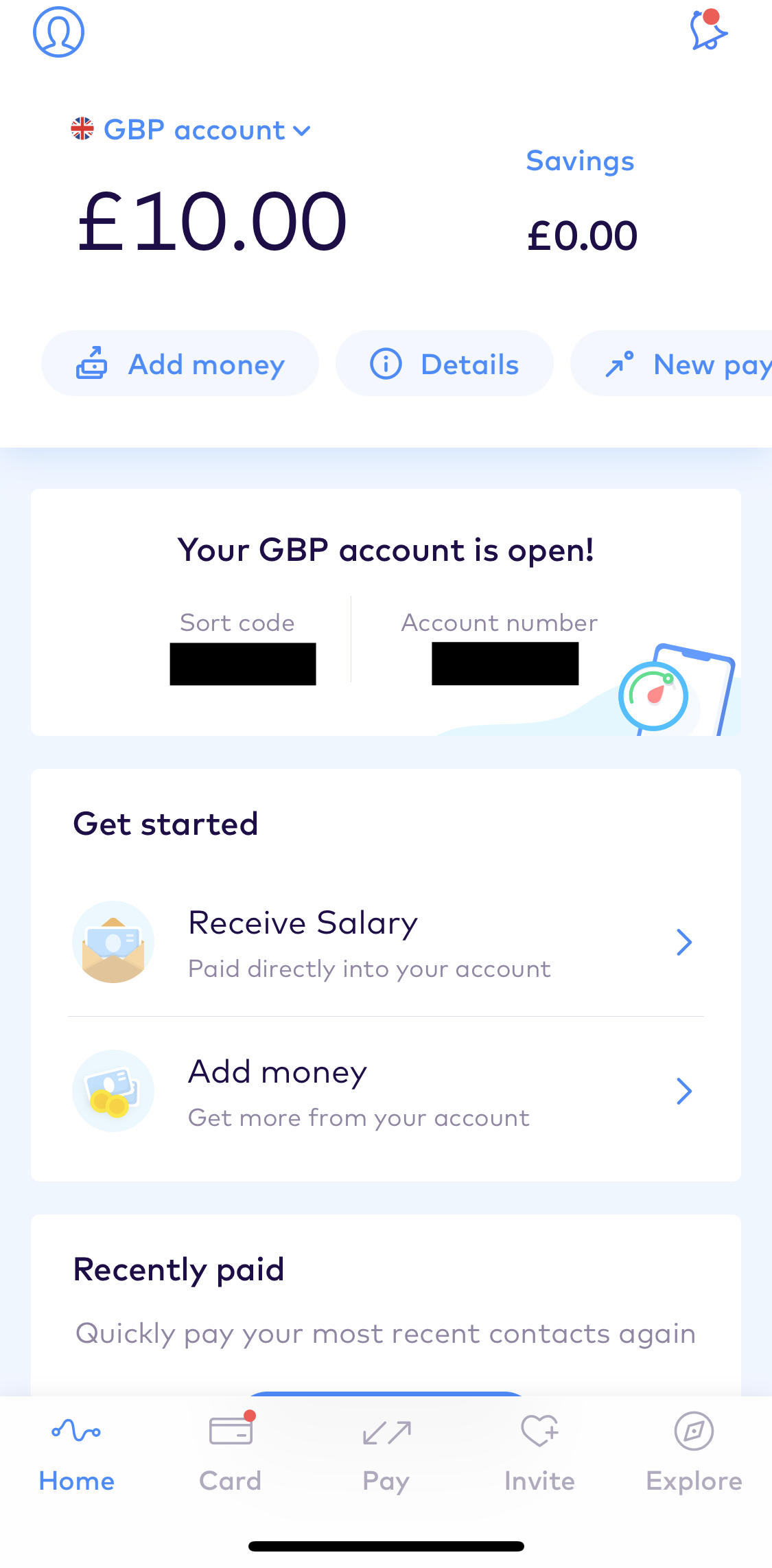 Monese Home screen in the Sending Currency flow