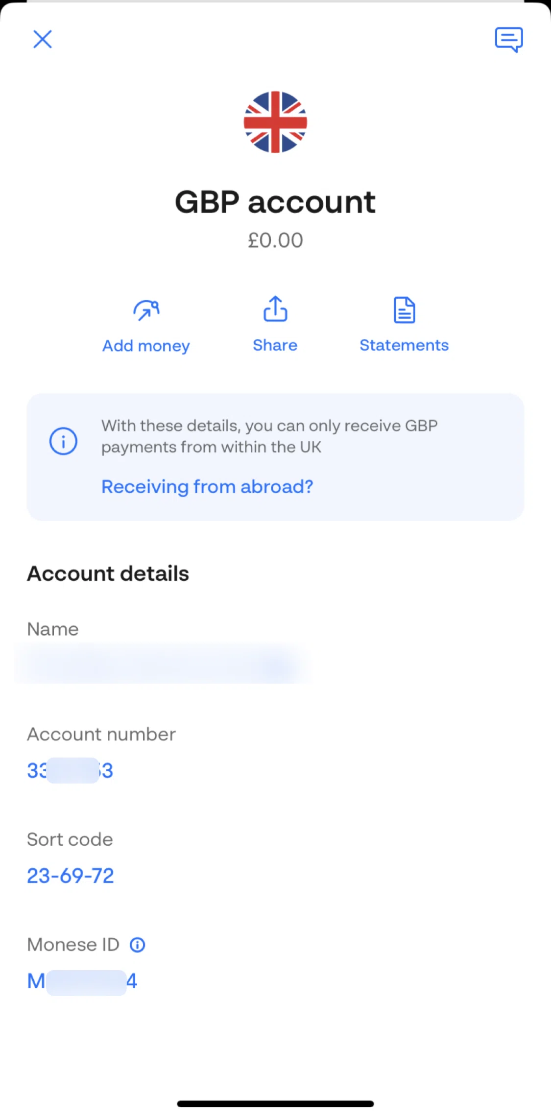 Monese Screen screen in the Sharing a bank account flow