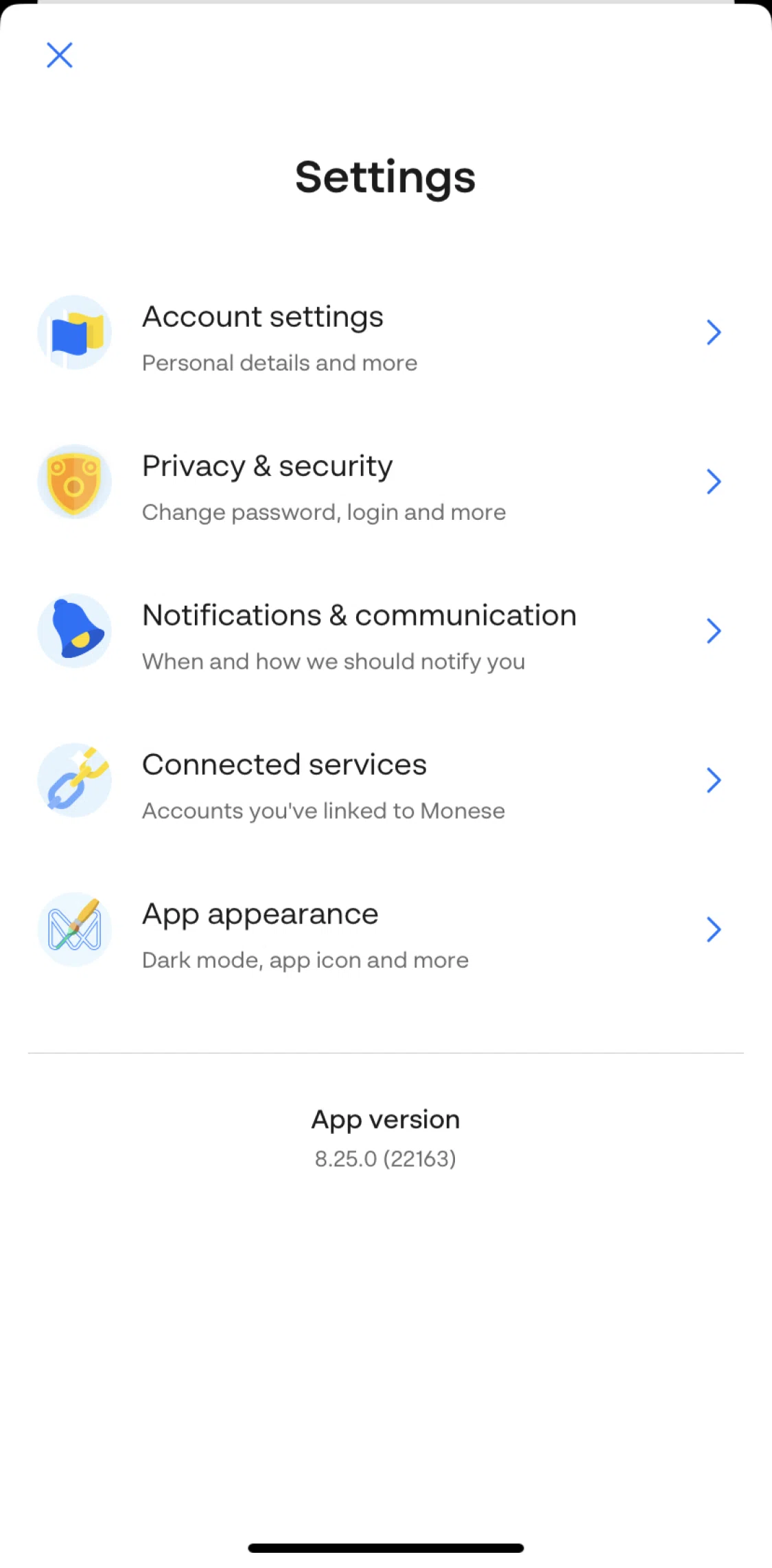 Monese Screen screen in the Updating privacy & security settings flow