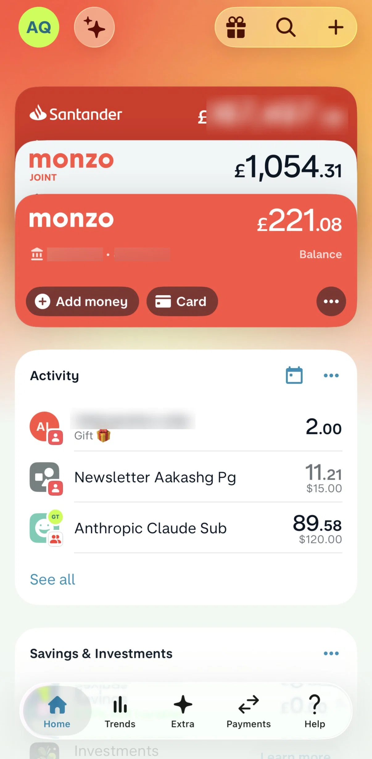 Monzo Screen screen in the Account detail flow
