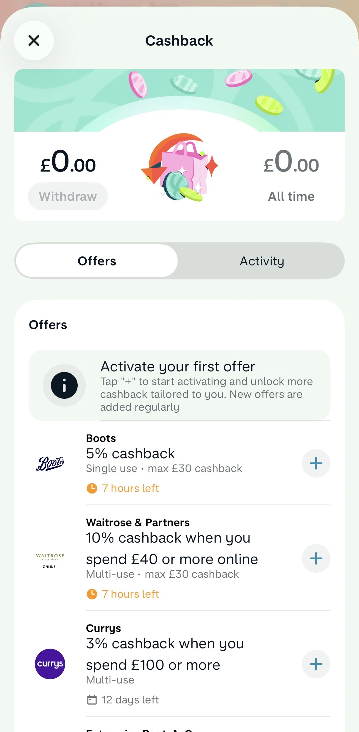 Monzo Screen screen in the Activating an offer flow