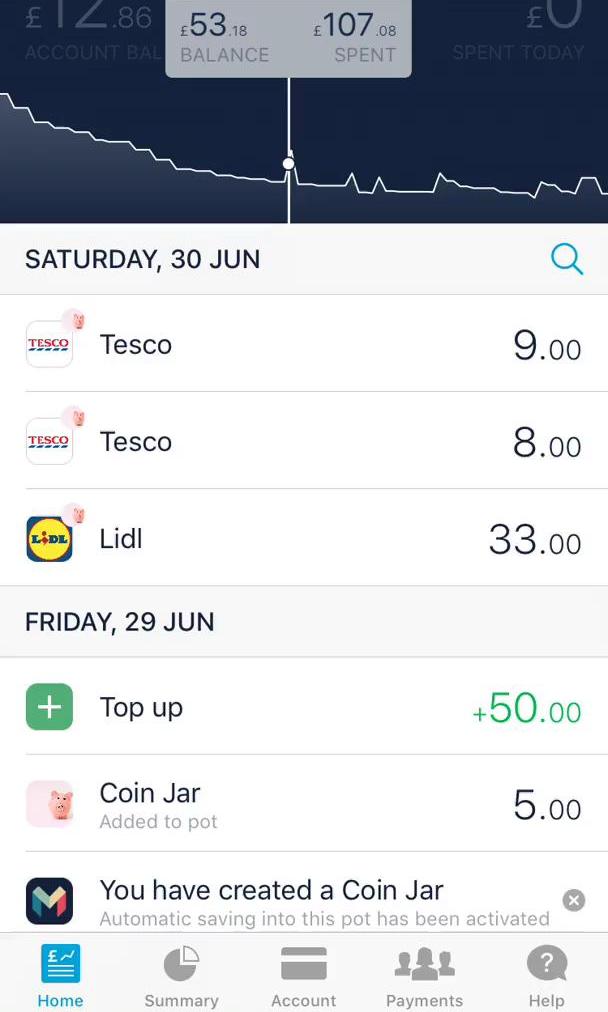 Monzo Screen screen in the Activity Feed flow