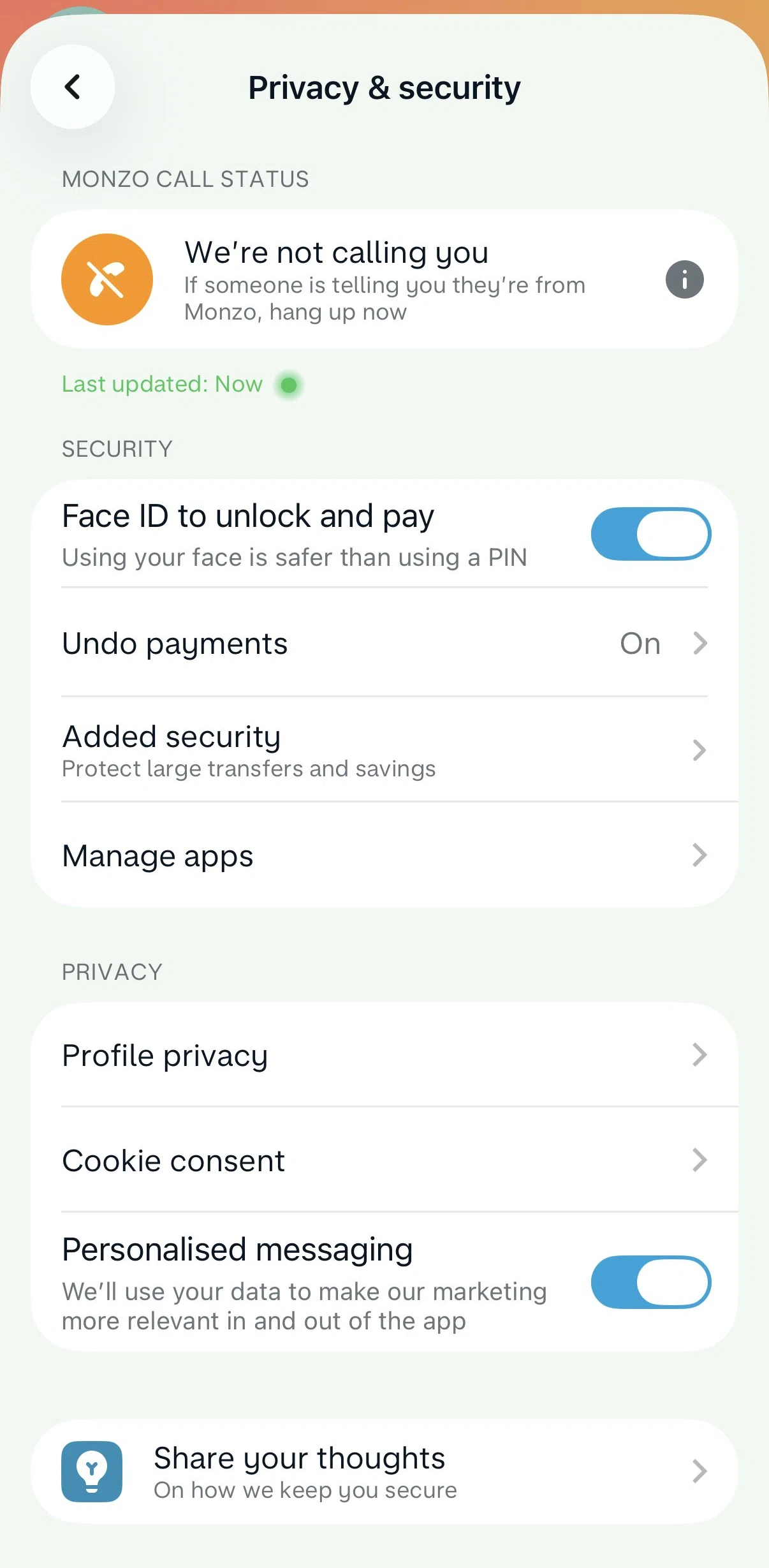 Monzo Screen screen in the Added security flow
