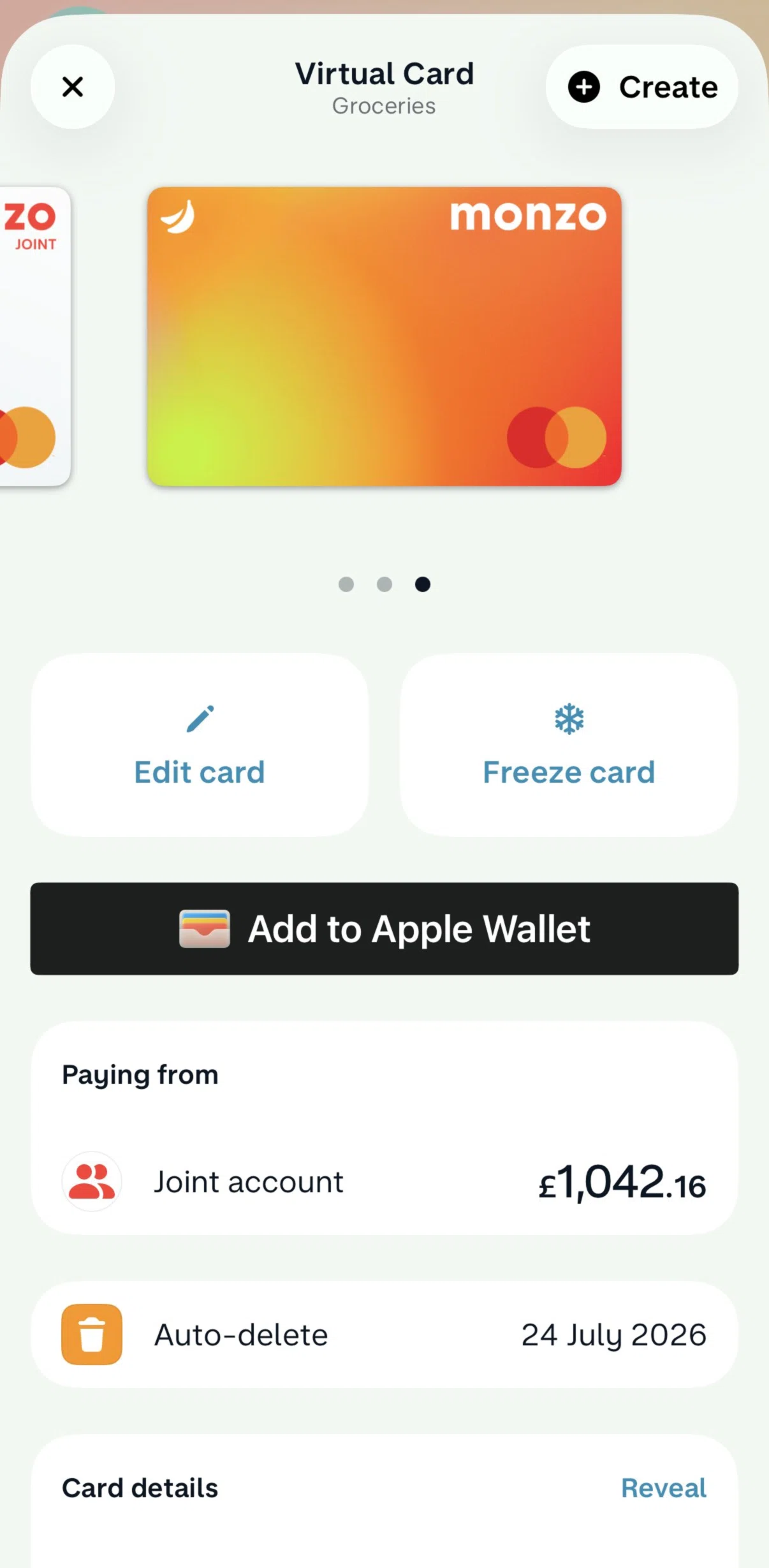 Monzo Screen screen in the Adding to Apple Wallet flow