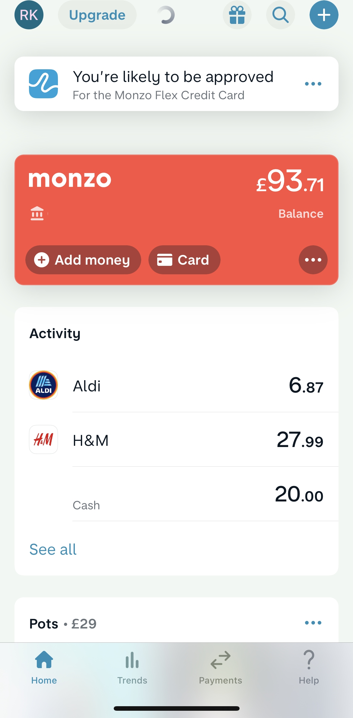 Monzo Home screen in the Analytics Stats flow