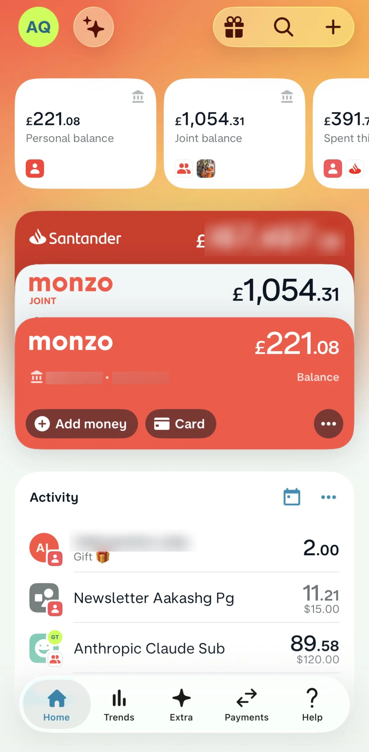 Monzo Screen screen in the Balance info flow