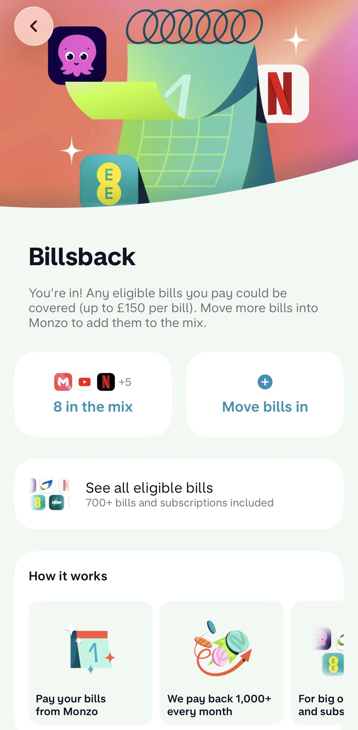 Monzo Screen screen in the Bills in the mix flow